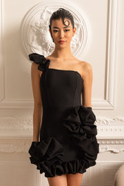 Floral Mini Dress With Ruffled Hem And Shoulder Strap - Black