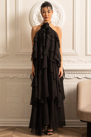 Layered Ruffle Halter Dress With Decorative Neckline Flower - Black