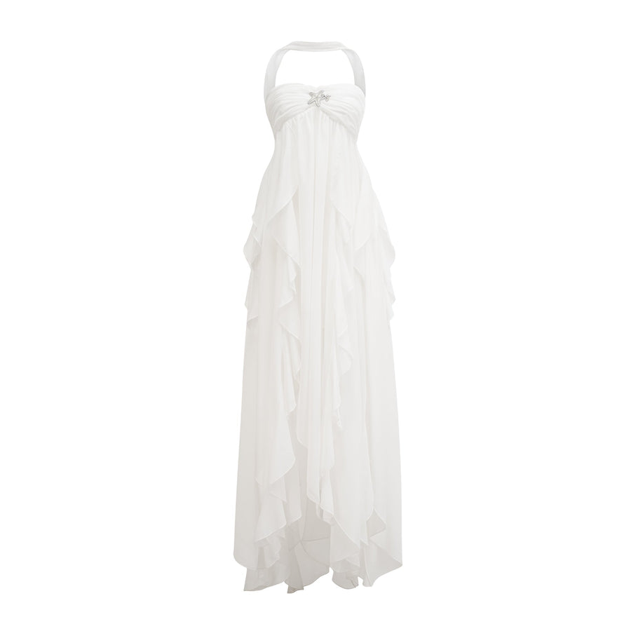 Mariah white chiffon ruffle halter neck maxi dress