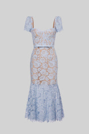 Short Sleeved Lace Dress With Delicate Matching Waist Belt - Blue