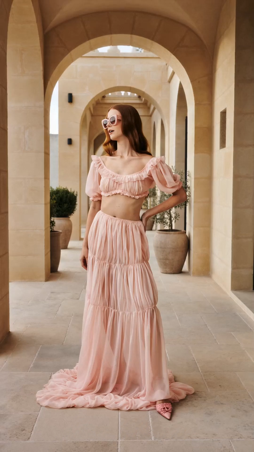 miranda pink puff sleeves crop top ruffled skirt set