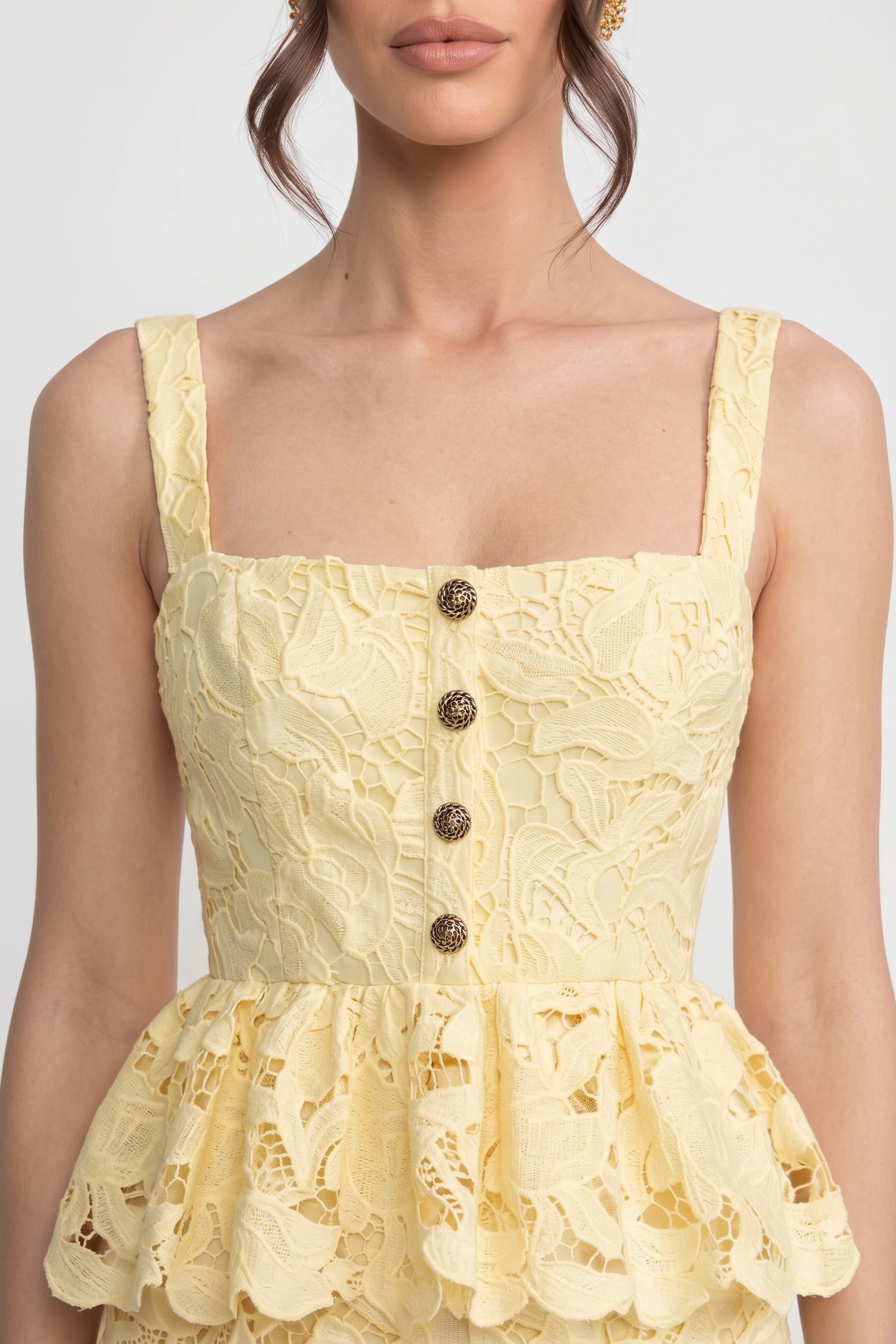 Sleeveless Lace Peplum Dress With Midi Skirt And Golden Buttons - Yellow
