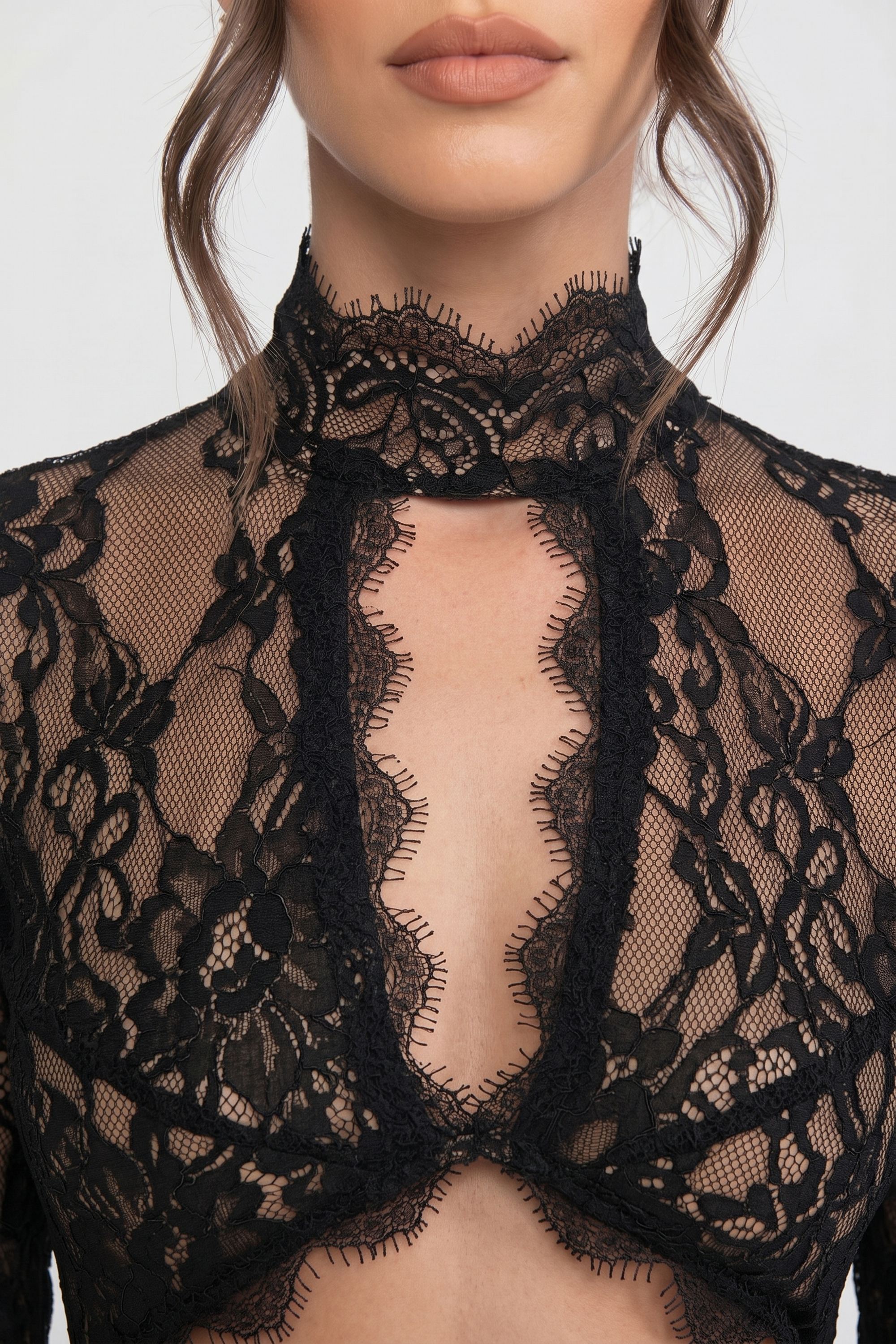 Elegant Lace Gown With High Neck, Front Cutout And Slit - Black