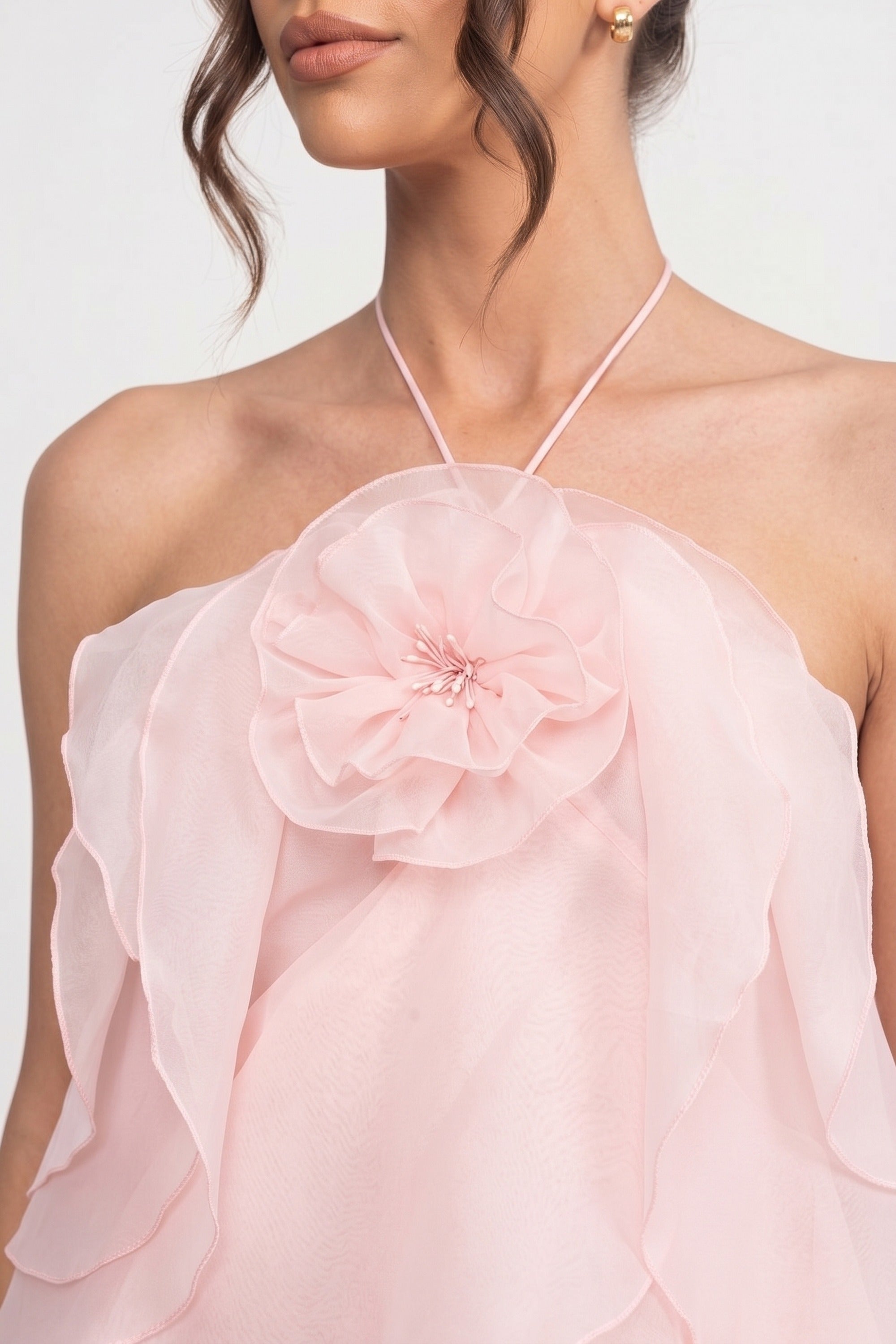 Tiered Ruffle Mini Dress With 3D Floral Halter Neck - Pink
