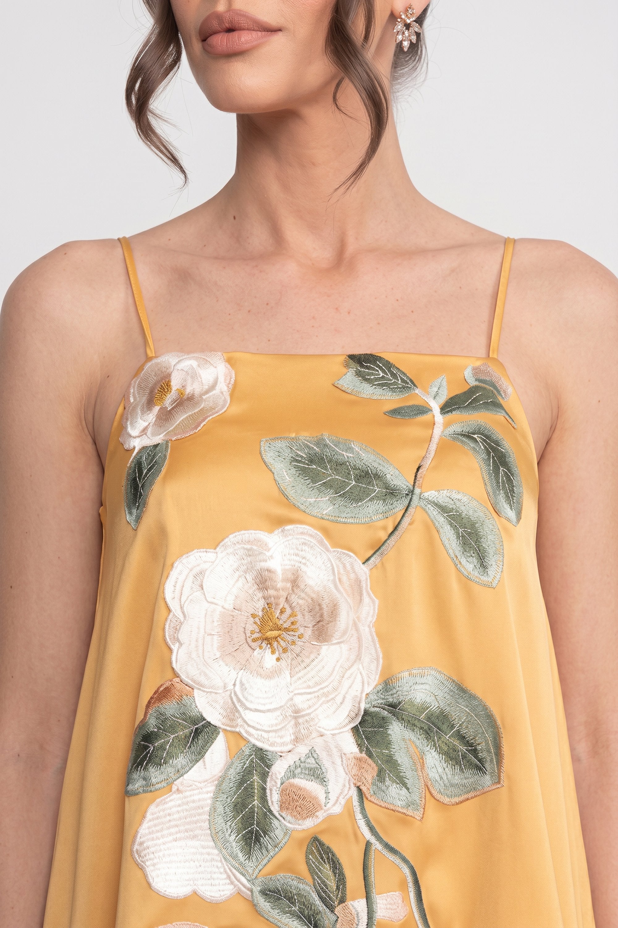 Spaghetti-Strap Mini Dress With 3D Floral Appliqué And A-Line Skirt - Yellow
