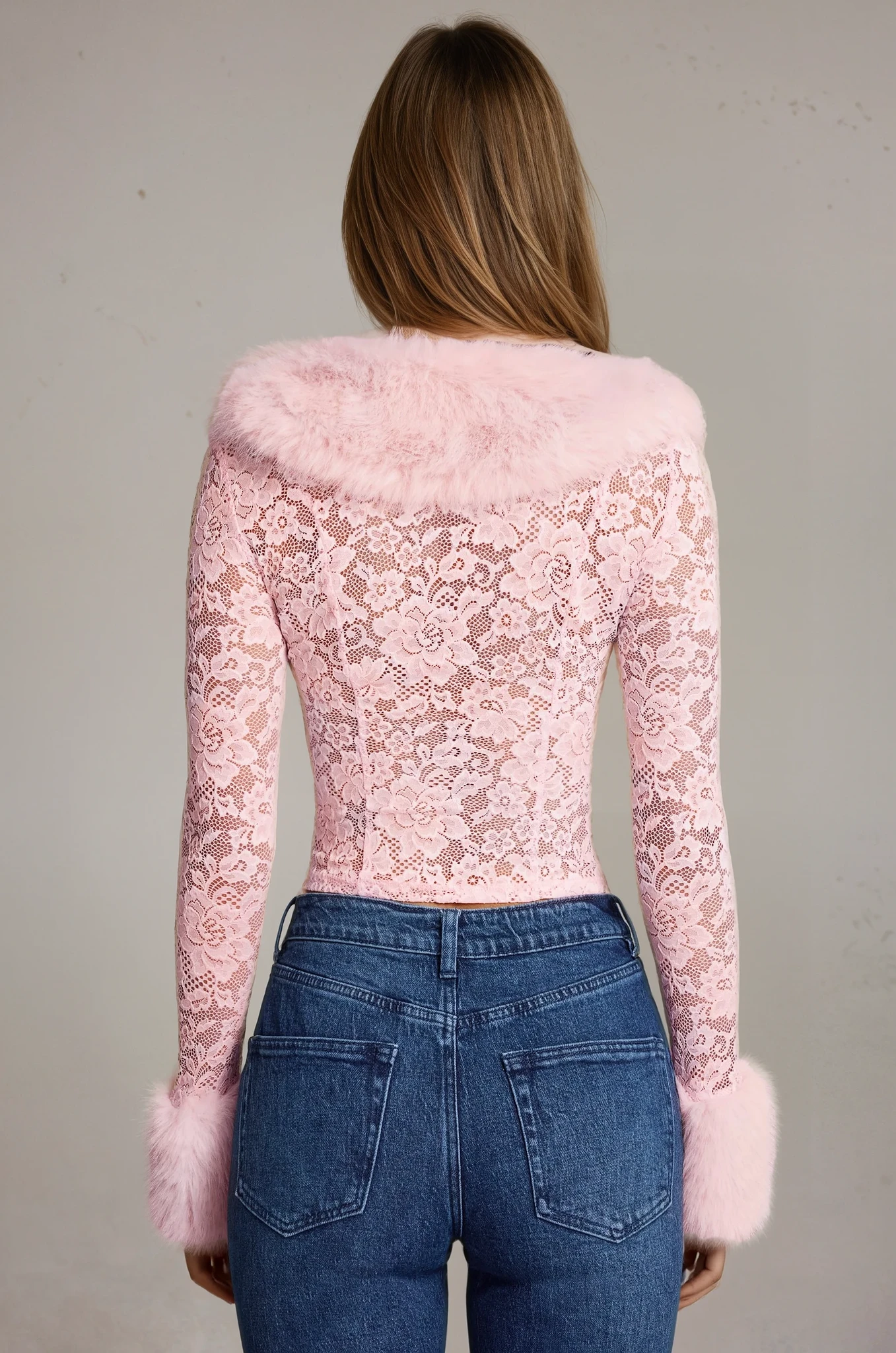 CELIA Faux Fur-Trim Lace Cardigan and skirt set  in Blush  Pink