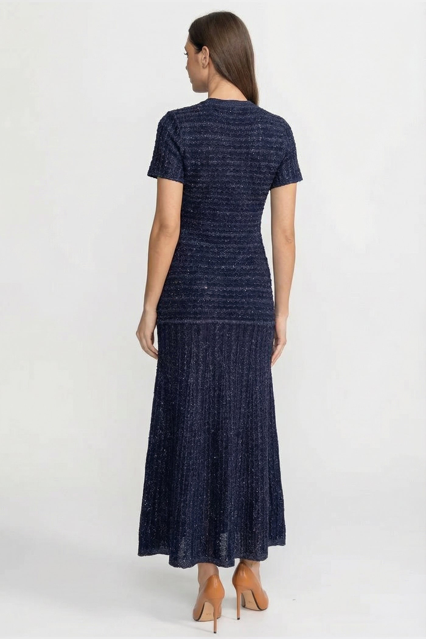 Short Sleeve Midi Dress With Shimmer Knit Texture - Navy