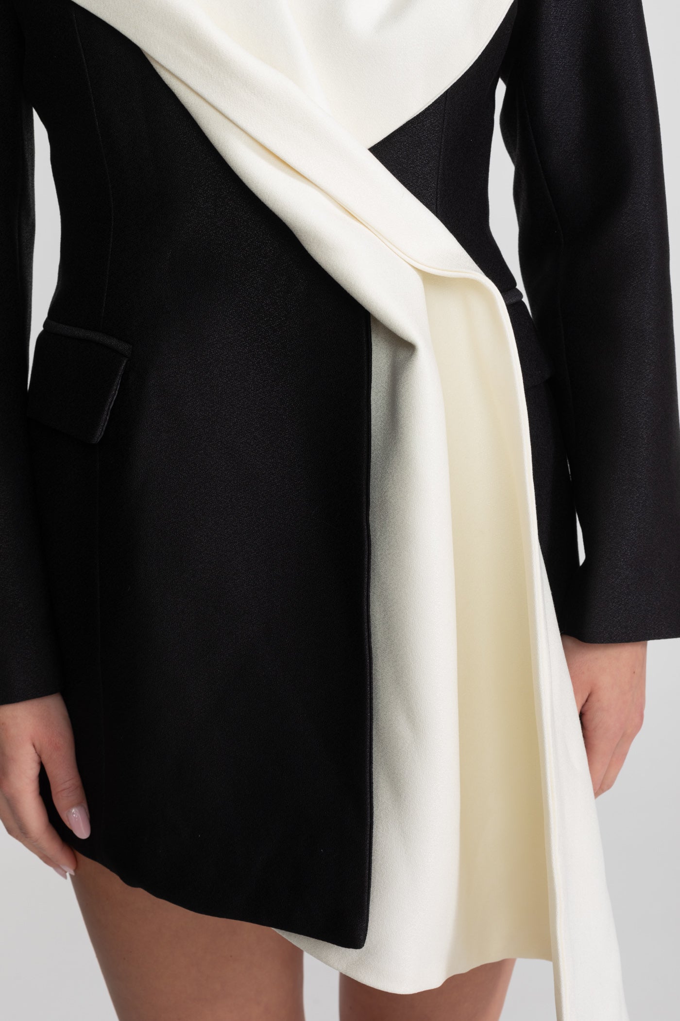 Draped Lapel Asymmetric Blazer Dress – Black/Ivory