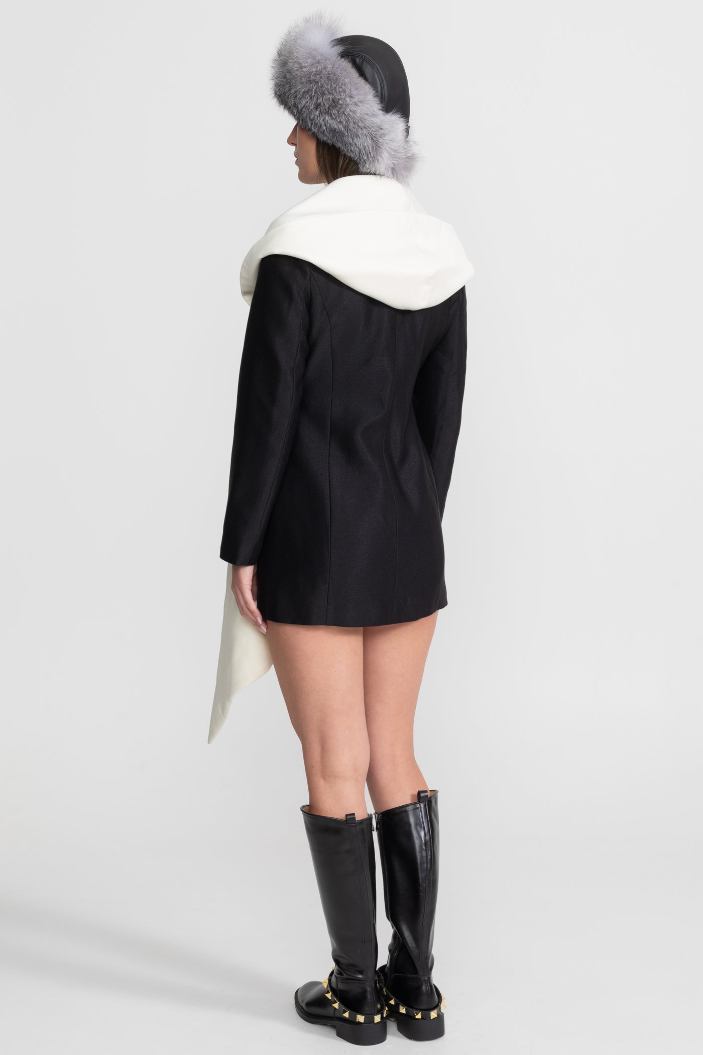 Draped Lapel Asymmetric Blazer Dress – Black/Ivory