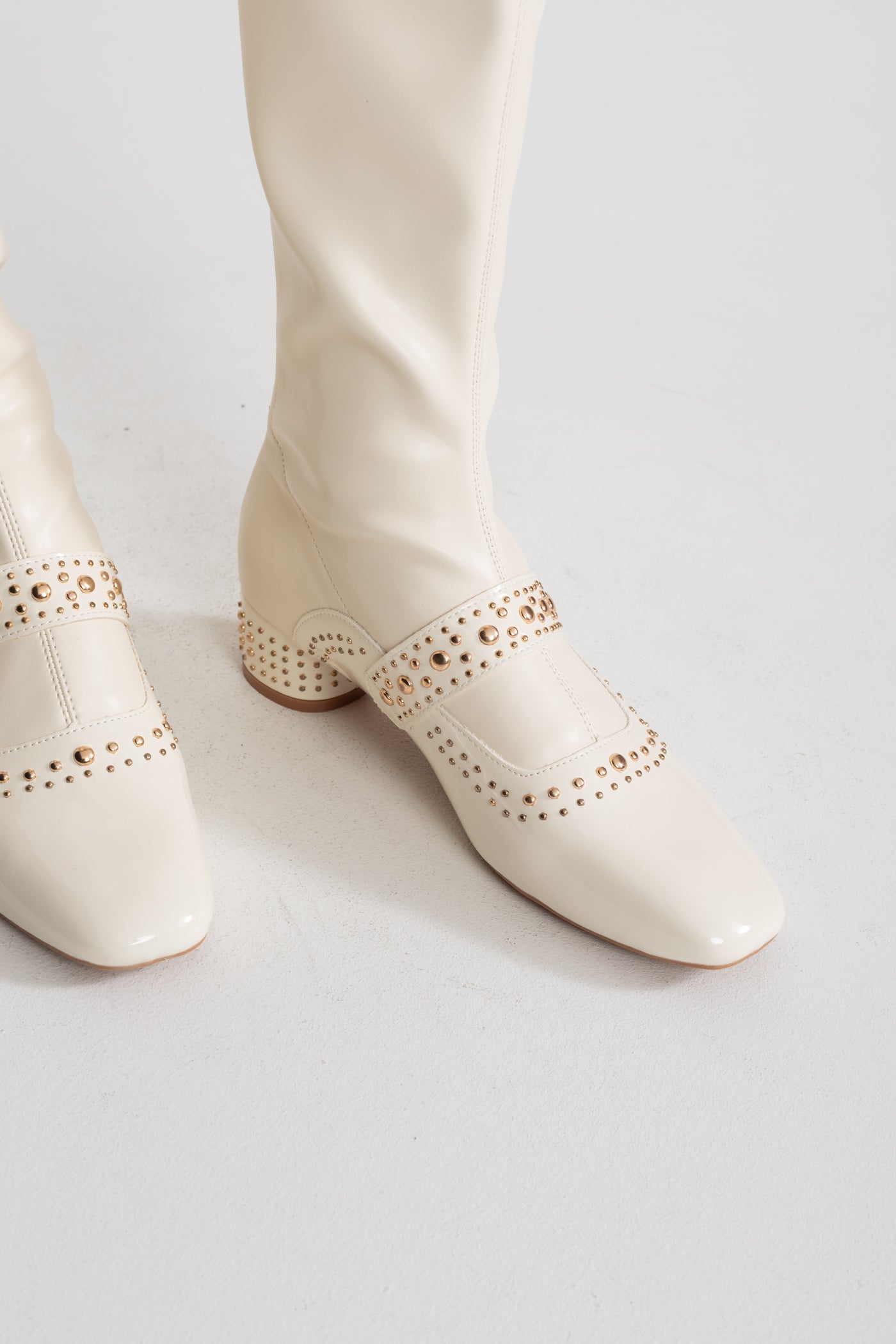 Studded Knee-High Boots With Pearl Strap Detail – Ivoire