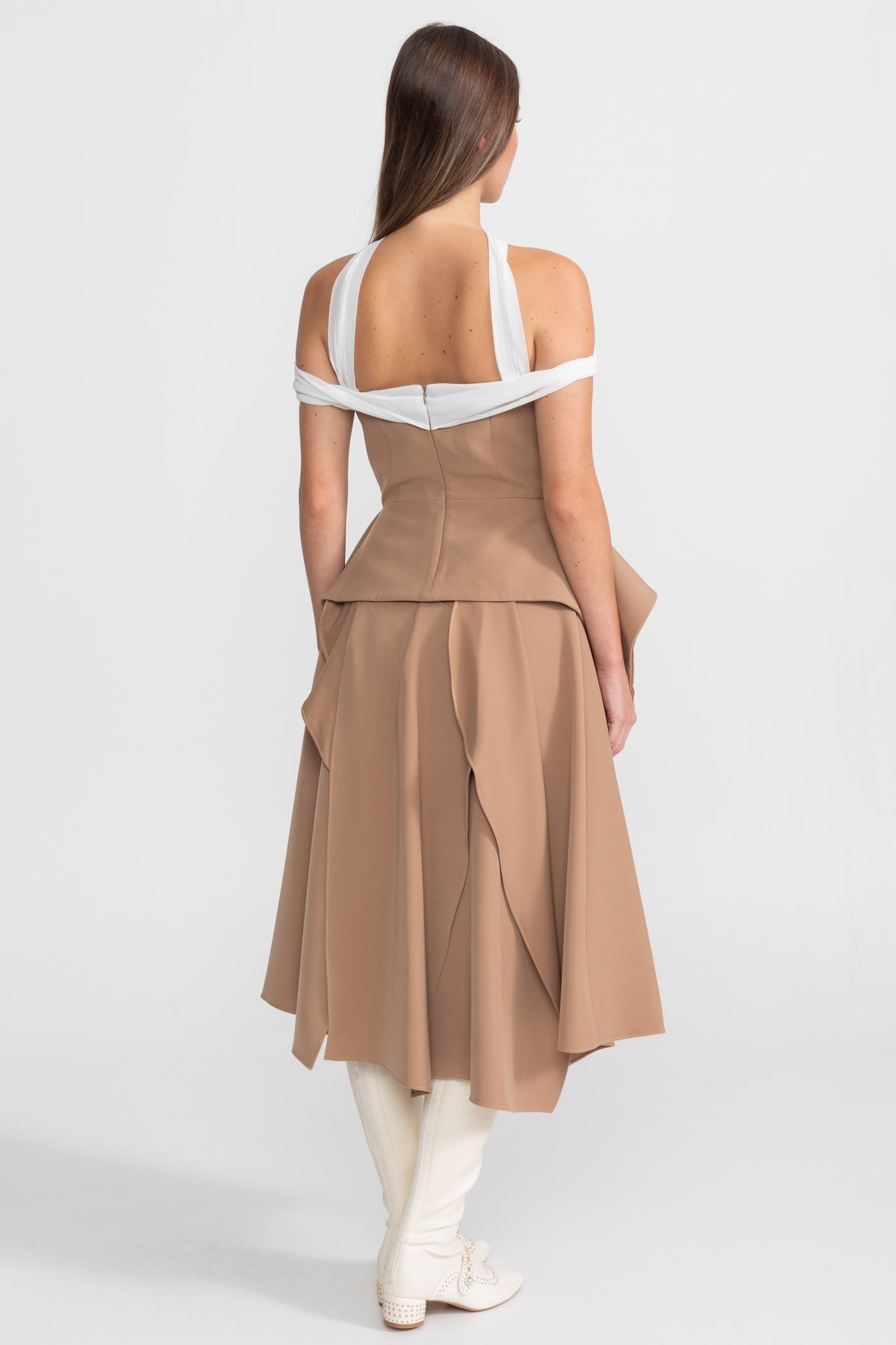 Draped Peplum Off-Shoulder Co-ord With Contrasting Neckline – Camel/Ivoire