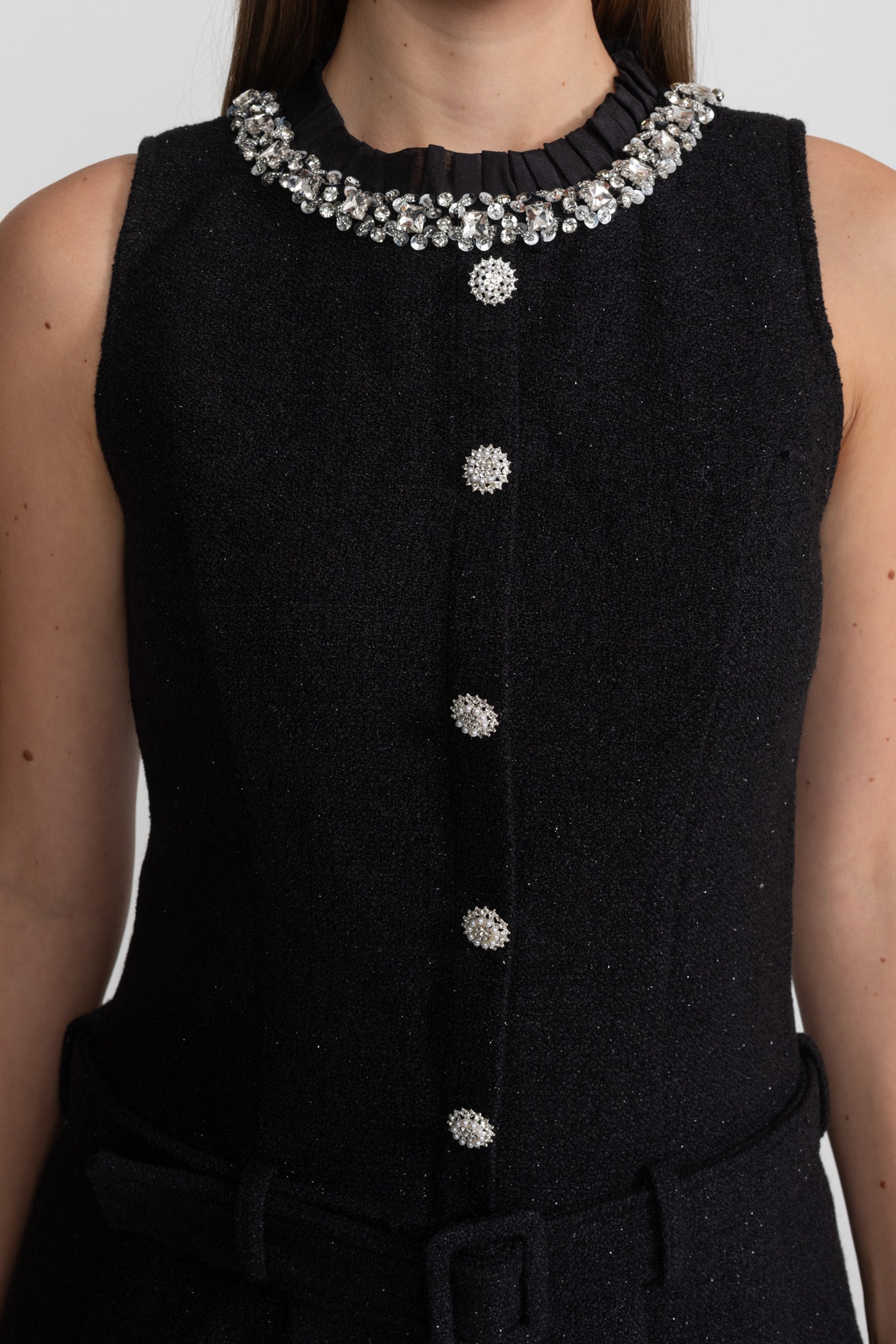 Crystal-Embellished Tweed Mini Dress With Belt – Black