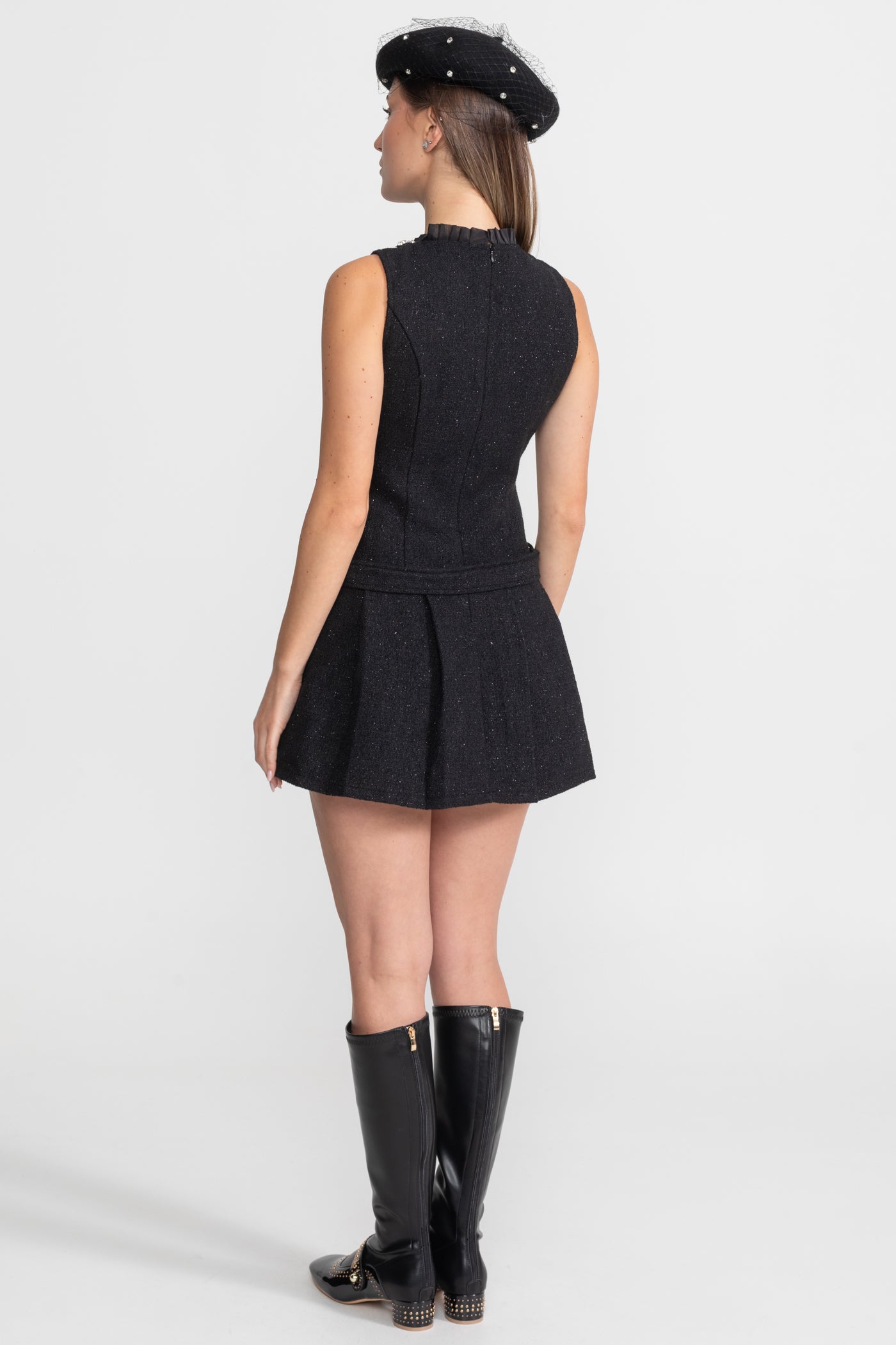 Crystal-Embellished Tweed Mini Dress With Belt – Black