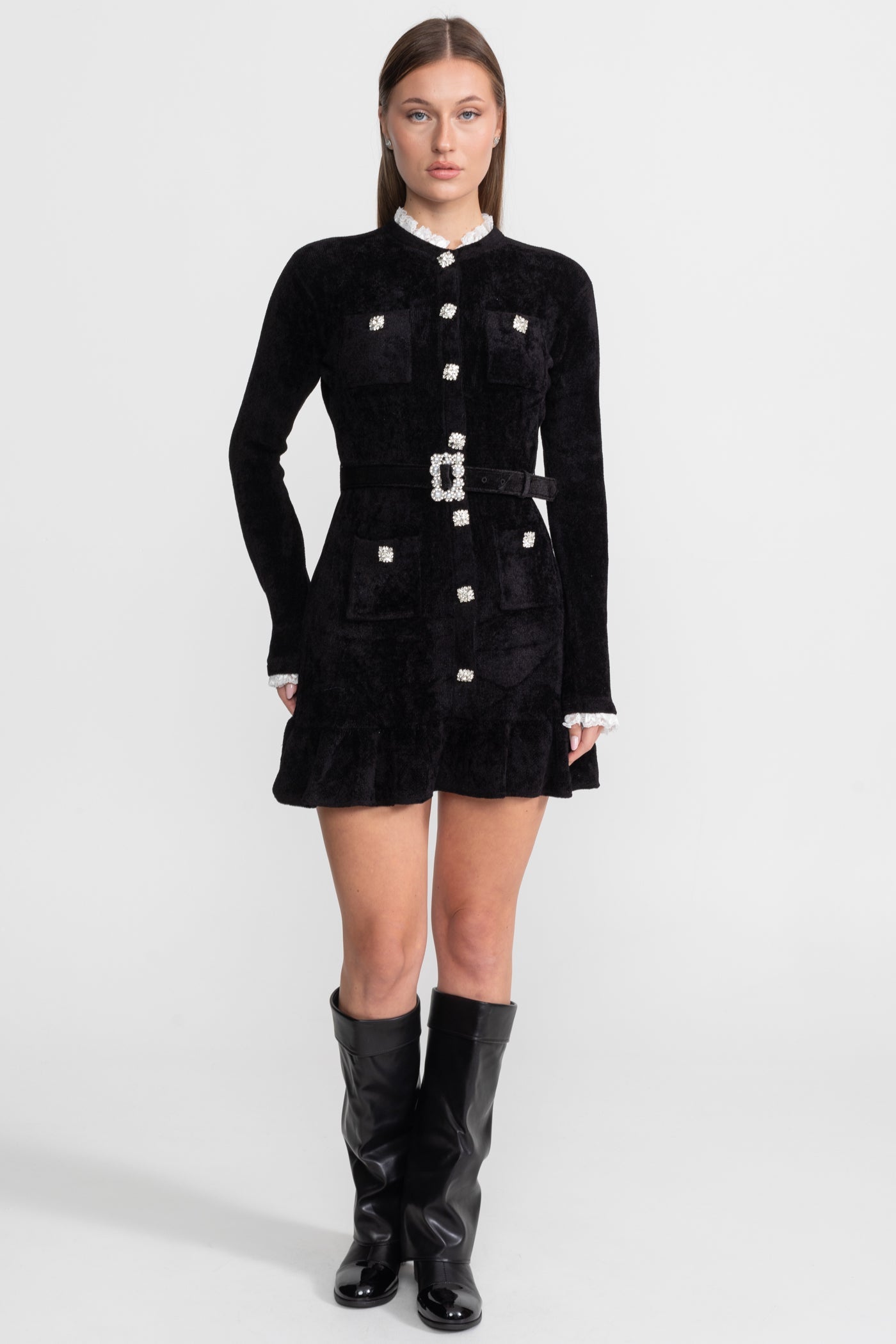 Knit Crystal-Button Mini Dress With Matching Belt – Black