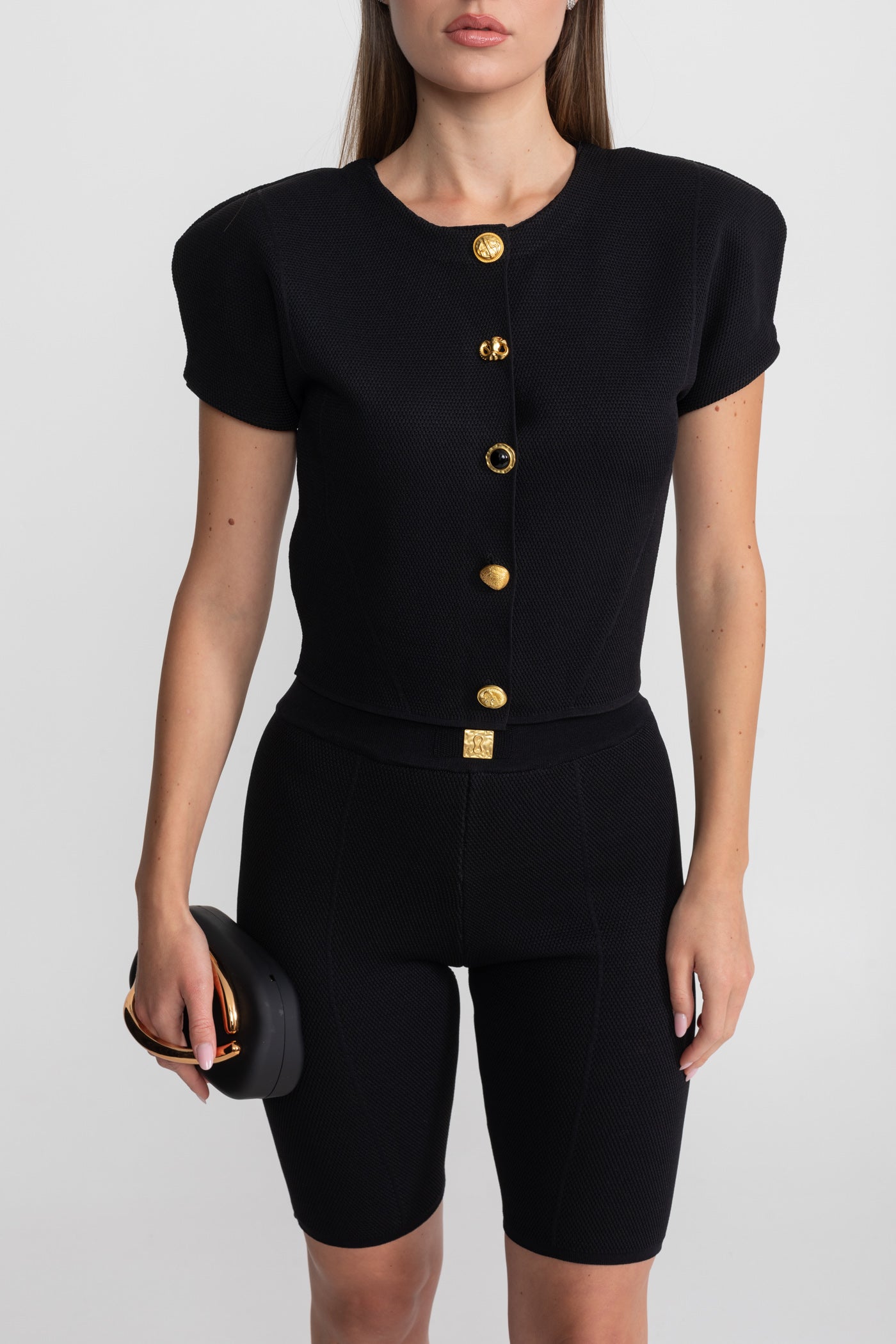 Textured Knit Co-ord Set With Structured Shoulders – Black