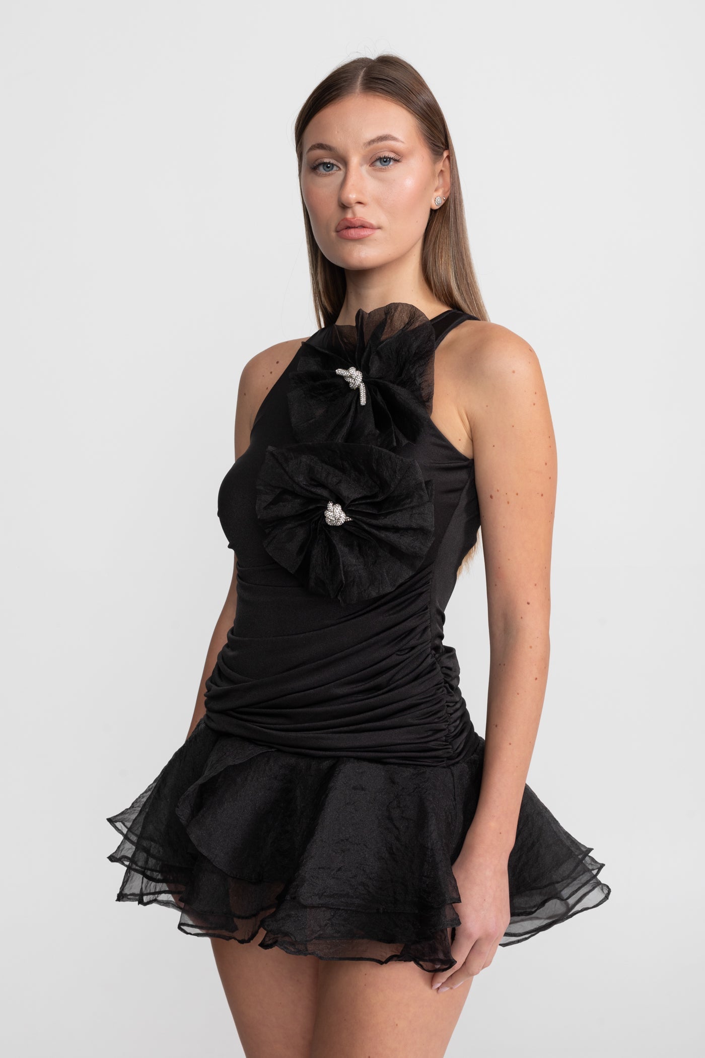 Ruffled Mini Dress with Tulle Appliqué – Black
