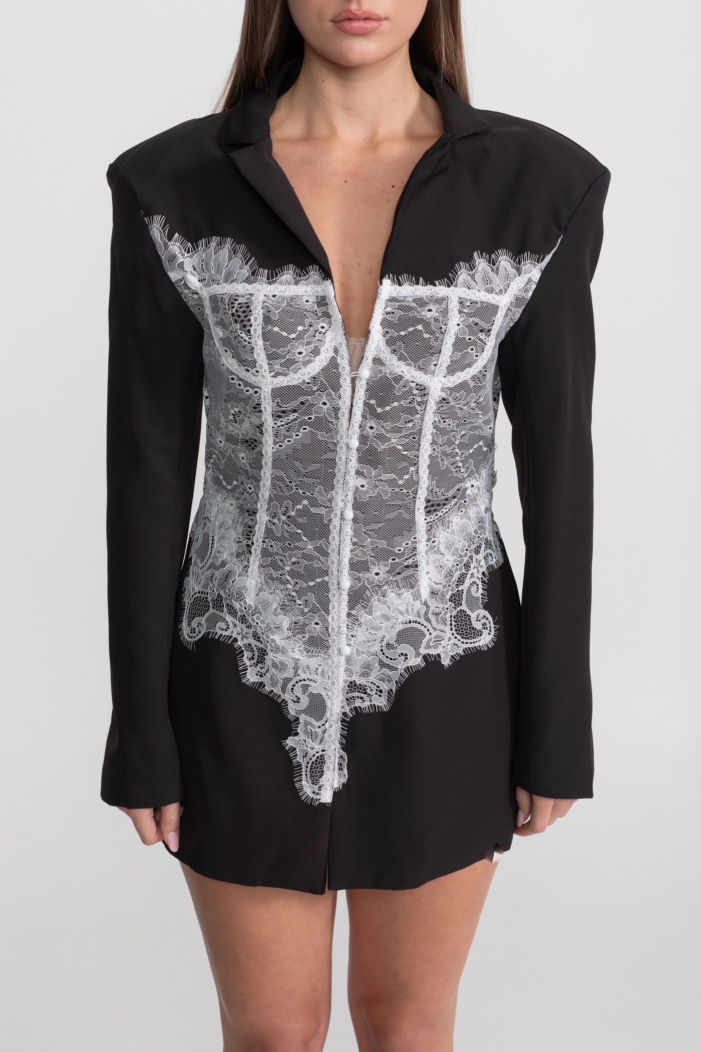 Lace Corset Blazer Dress With Deep V-neckline  – Black