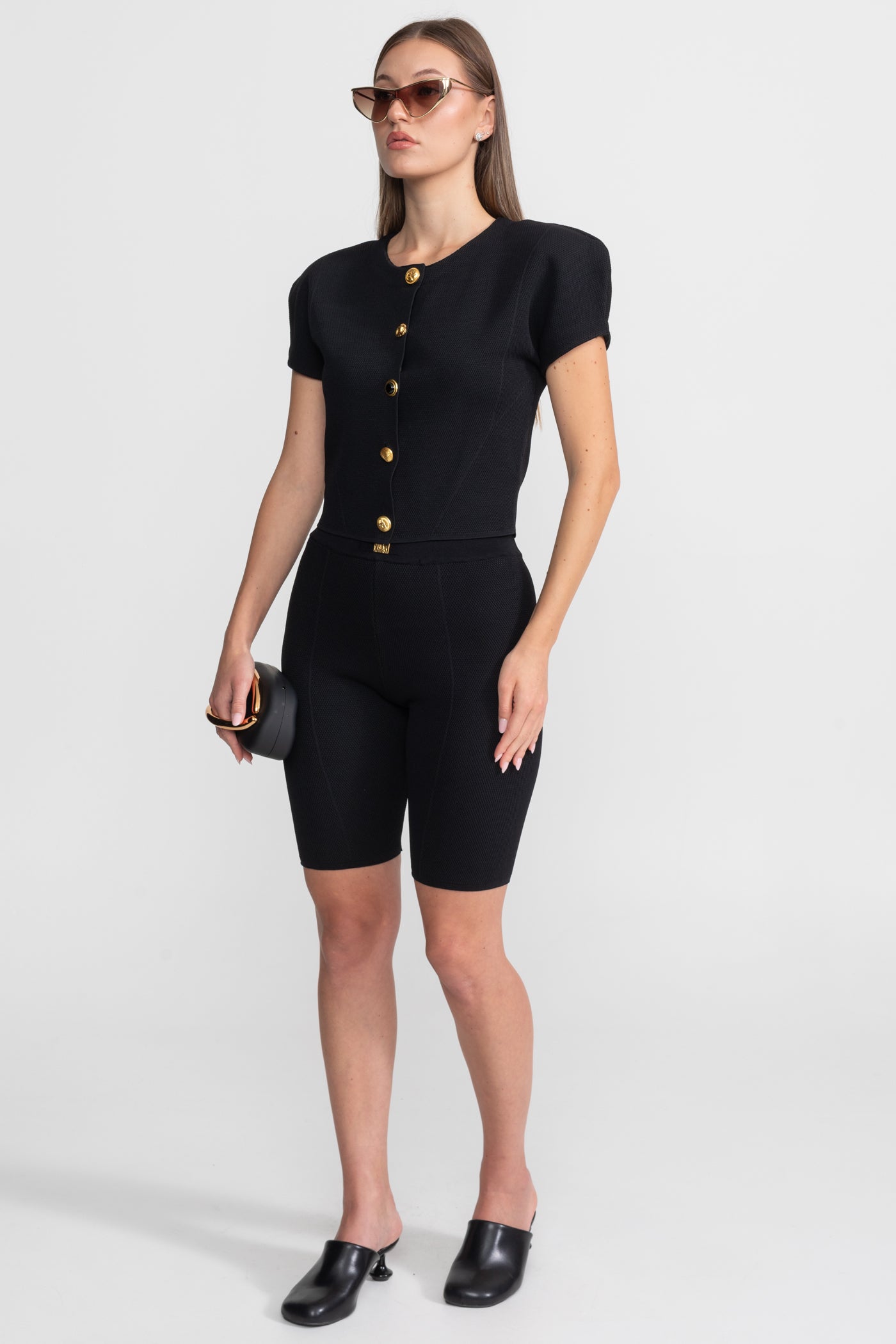 Textured Knit Co-ord Set With Structured Shoulders – Black