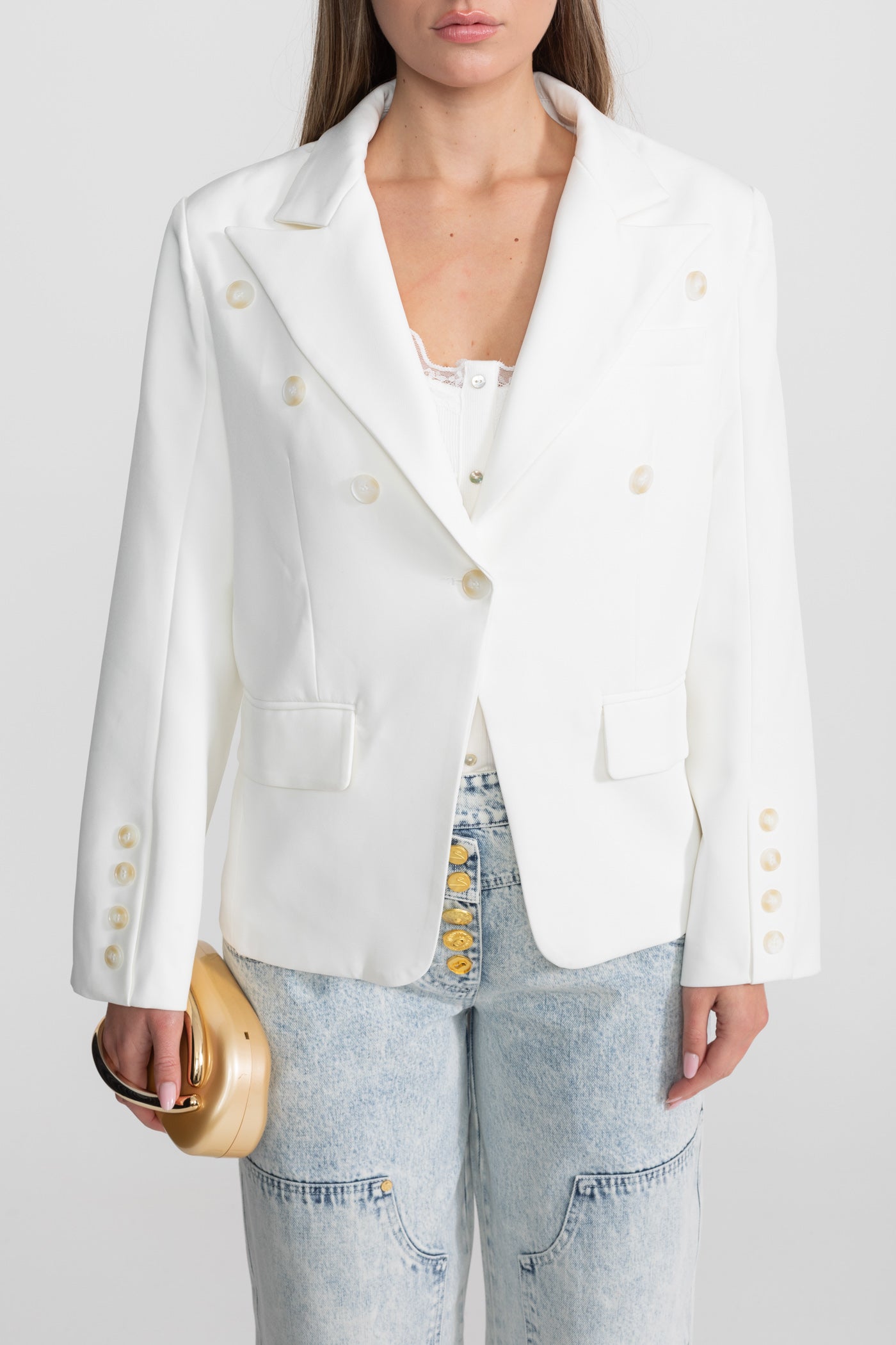 Double-Breasted Tailored Blazer With Peak Lapels – White