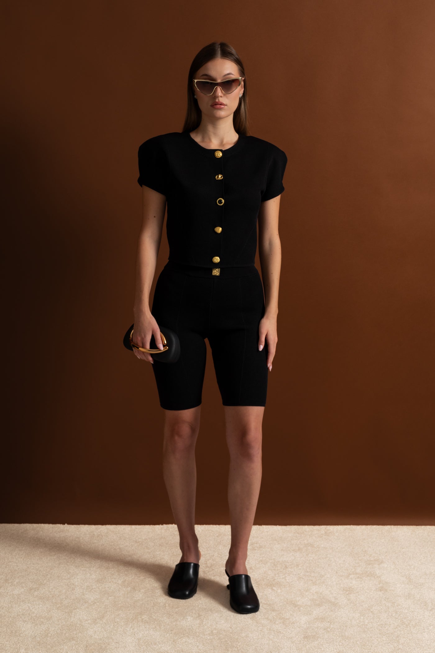 Textured Knit Co-ord Set With Structured Shoulders – Black