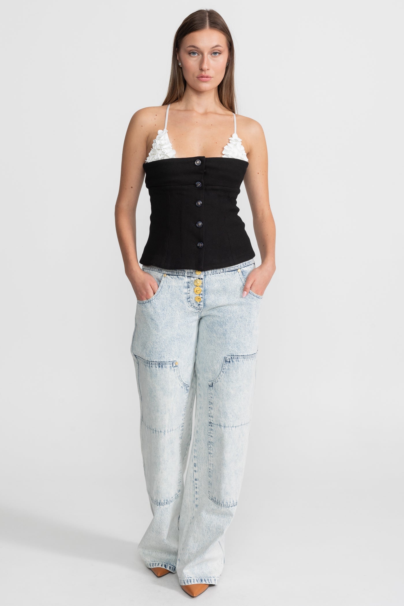 Contrast Floral Appliqué Bustier Top – Black/White