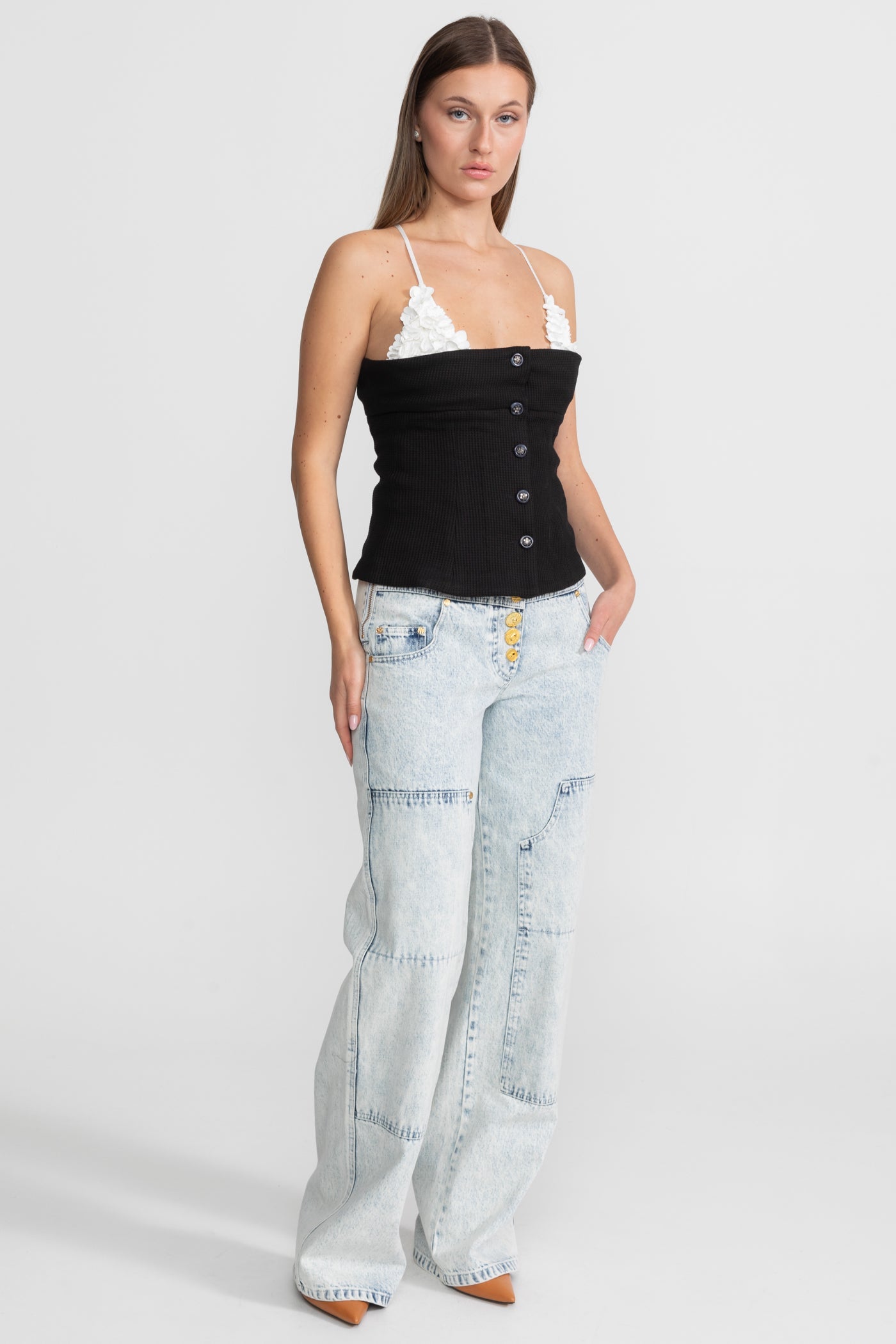 Contrast Floral Appliqué Bustier Top – Black/White