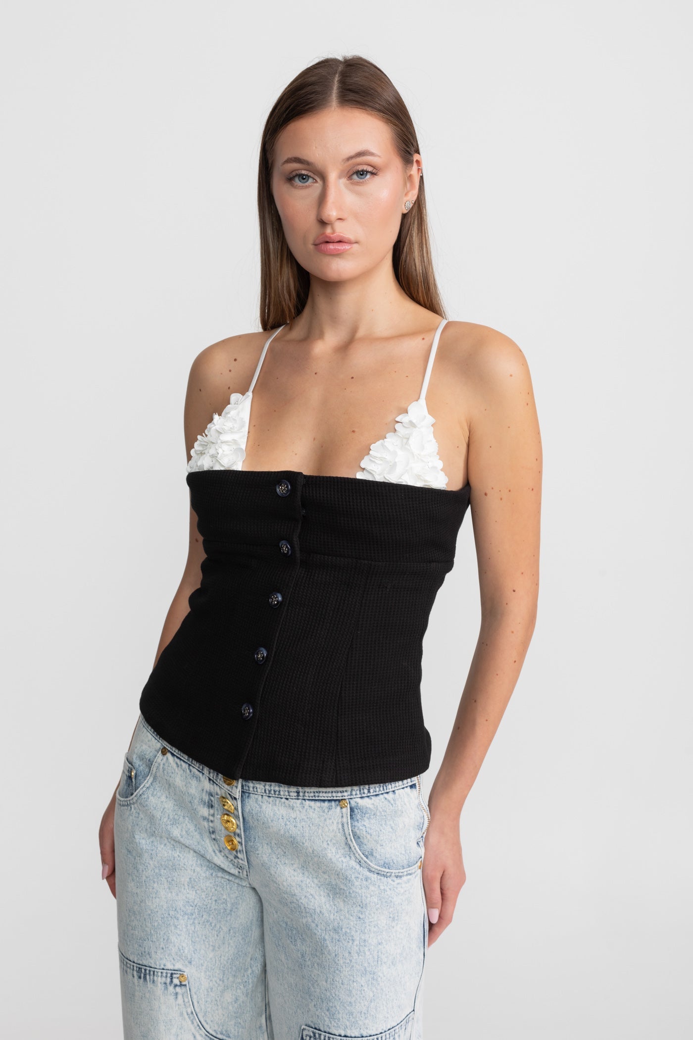 Contrast Floral Appliqué Bustier Top – Black/White