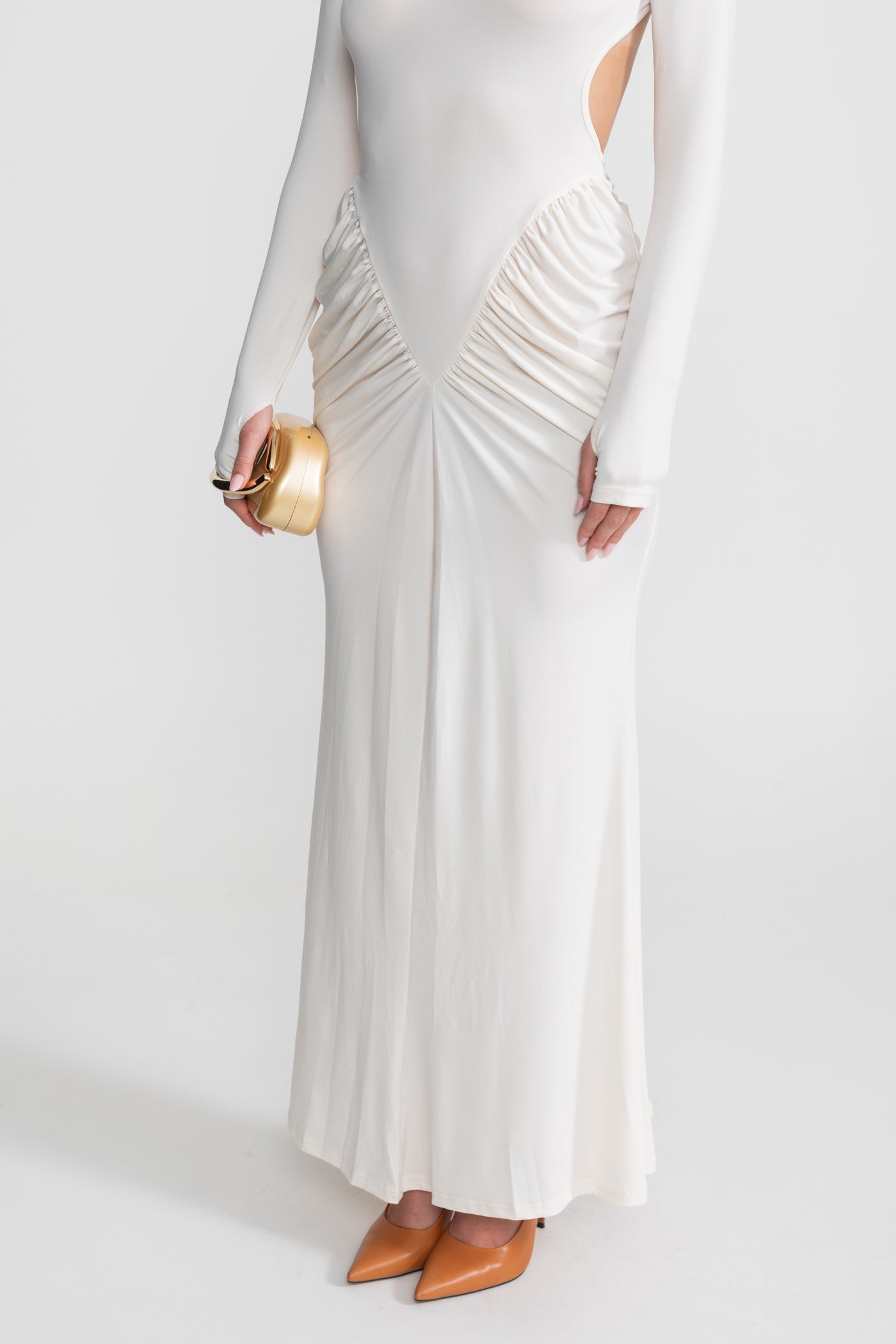 Ruched Maxi Dress With Side Cutouts – White