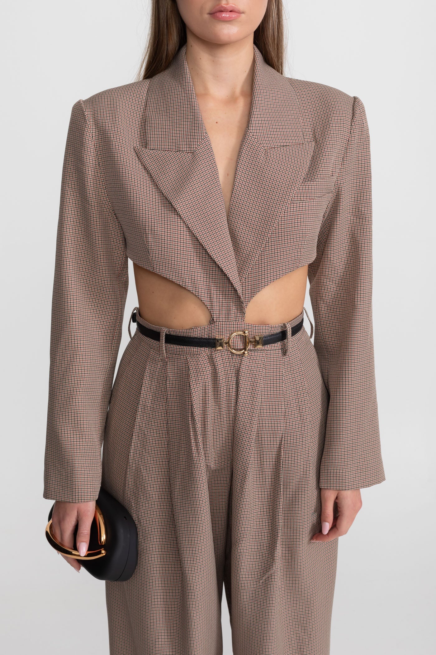 Cut-Out Jumpsuit With Slim Black Waistbelt – Taupe Check