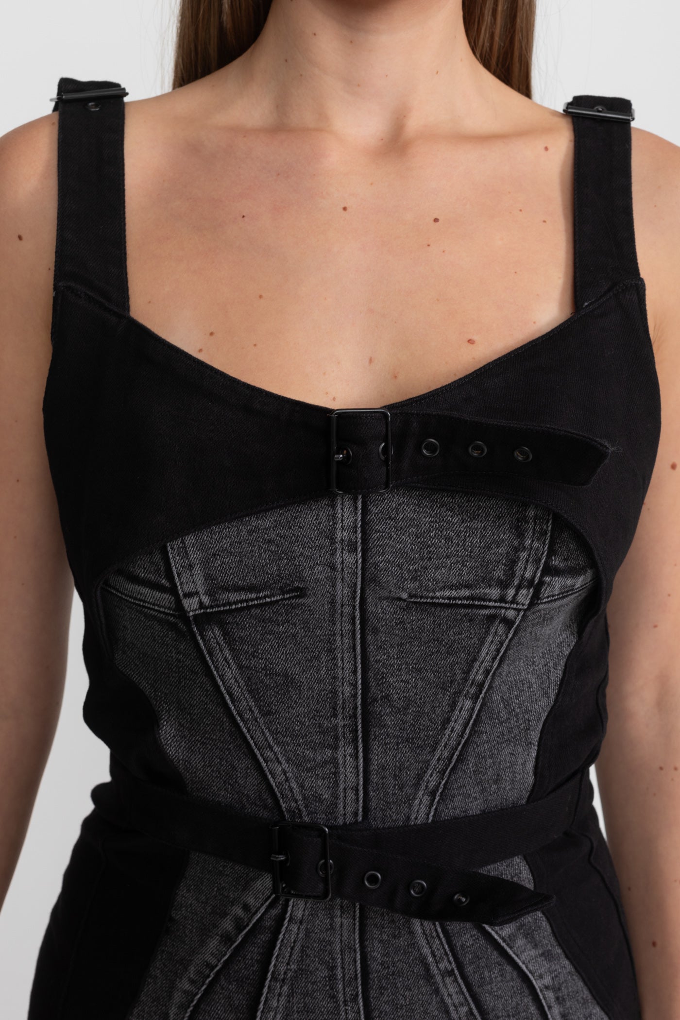 Panelled Denim Midi Dress With Buckled Belts – Charcoal