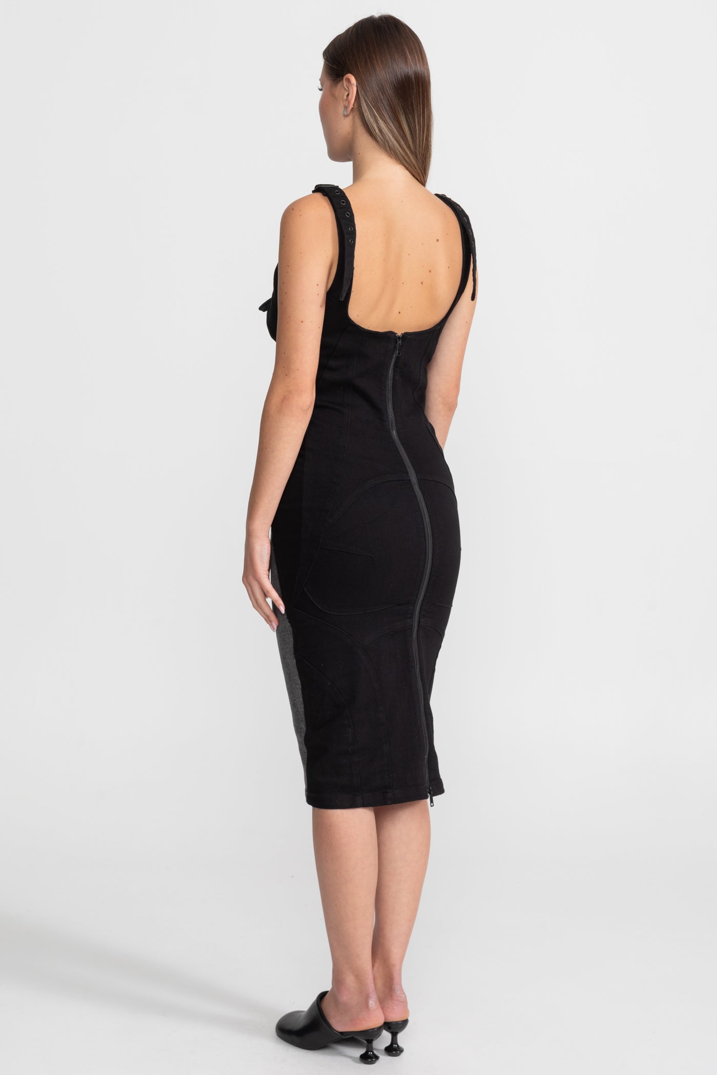 Panelled Denim Midi Dress With Buckled Belts – Charcoal