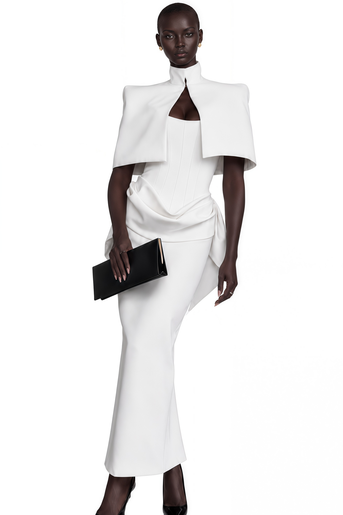 felice white structured cape & corset dress set