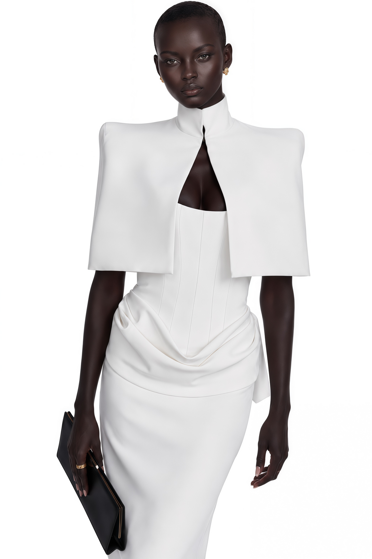 felice white structured cape & corset dress set
