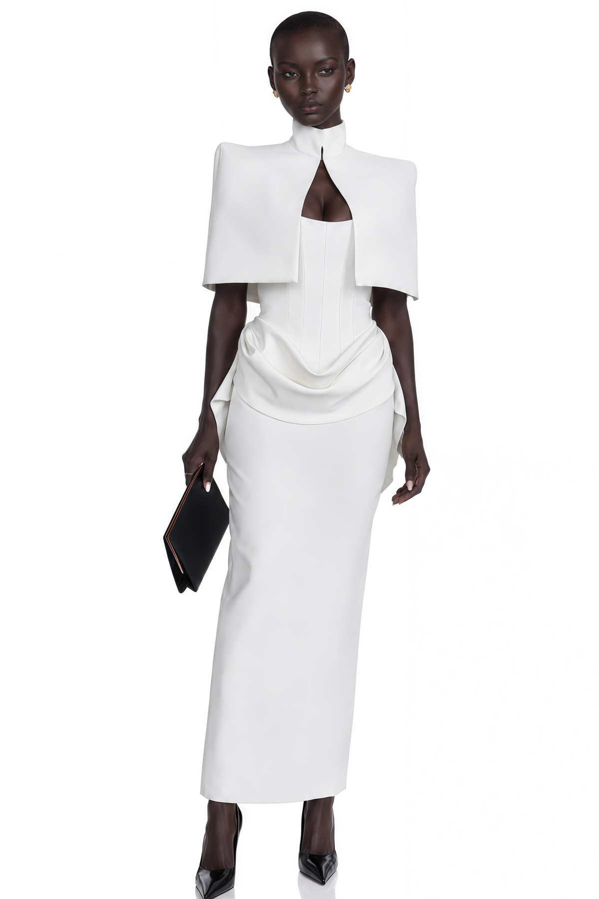 felice white structured cape & corset dress set