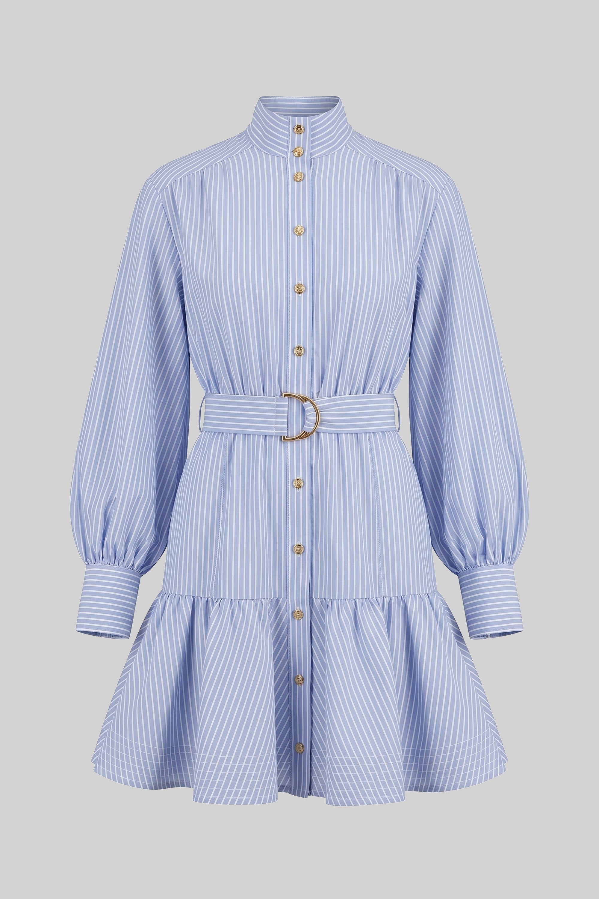 Striped Belted Mini Dress With High Neck And Balloon Sleeves - Blue