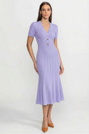 Sidonie Lilac Ribbed Short Sleeve Midi Dress With Gold Button V-Neckline