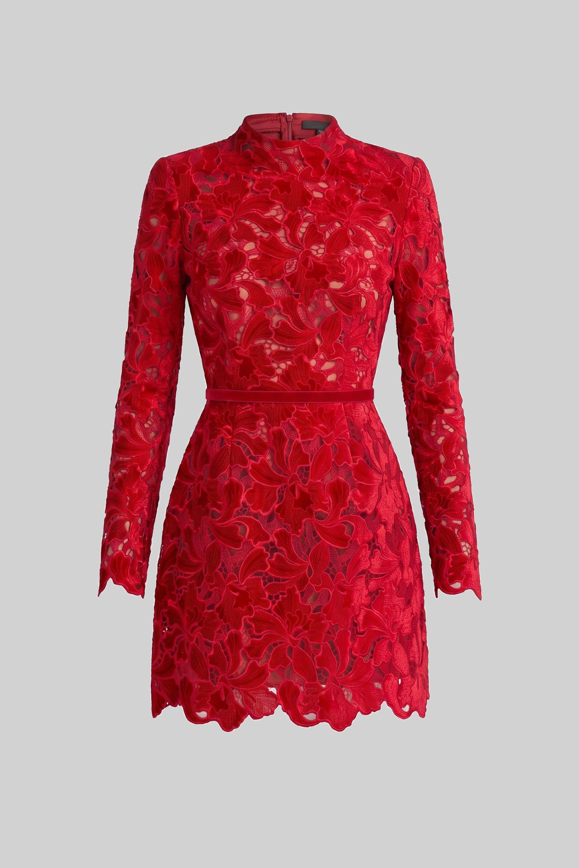 Long-Sleeve Lace Mini Dress With High Neck And Scalloped Hem - Red