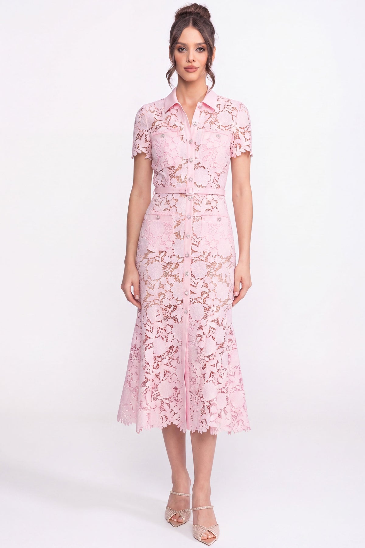 Lace Short Sleeve Midi Dress With Collared Neckline And Belted Waist - Pink