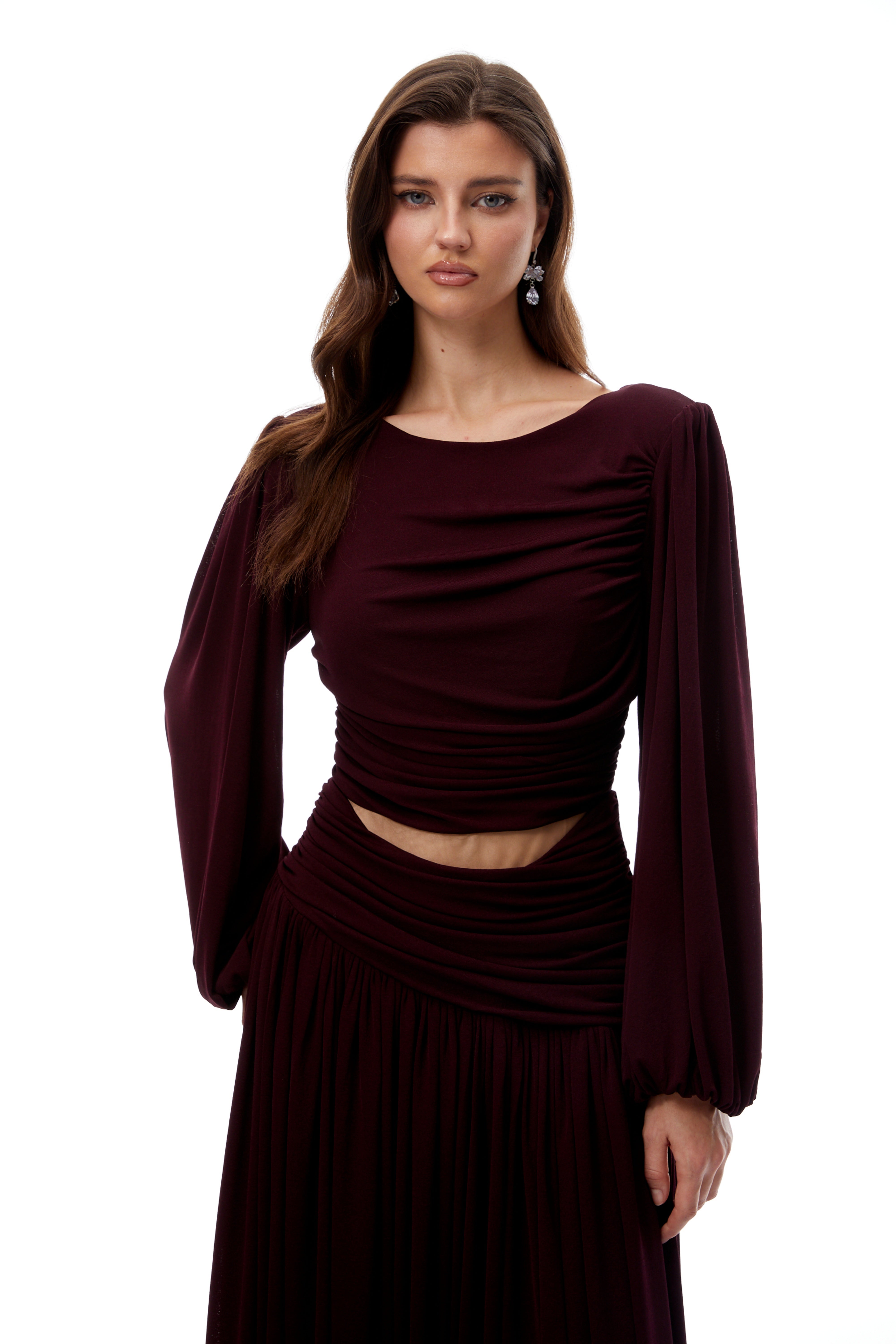 Fiorella Burgundy Cut Out Gathered Midi Dress (Final Sale-US Only)