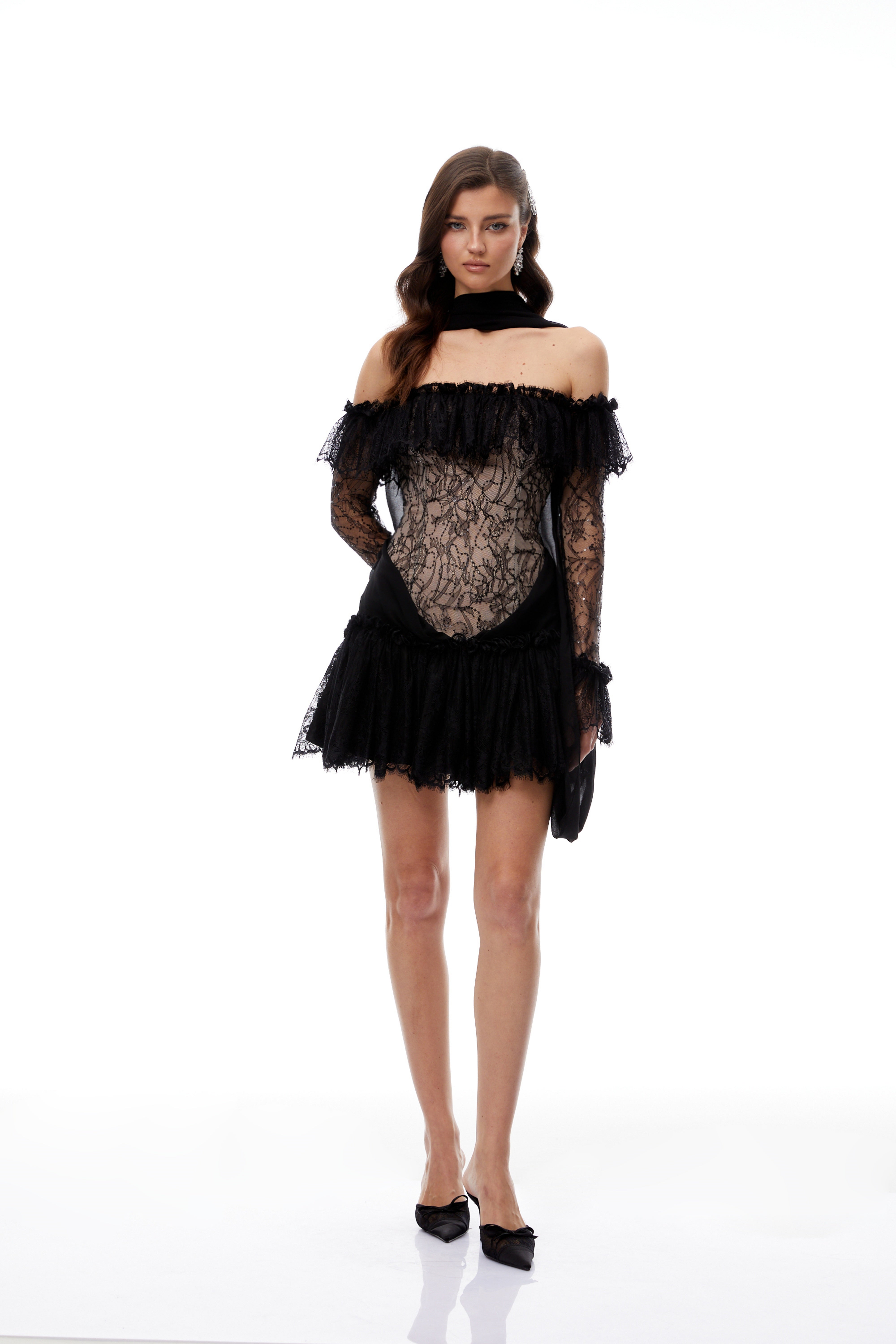 Erling Black Sequined Floral Lace Mini Dress