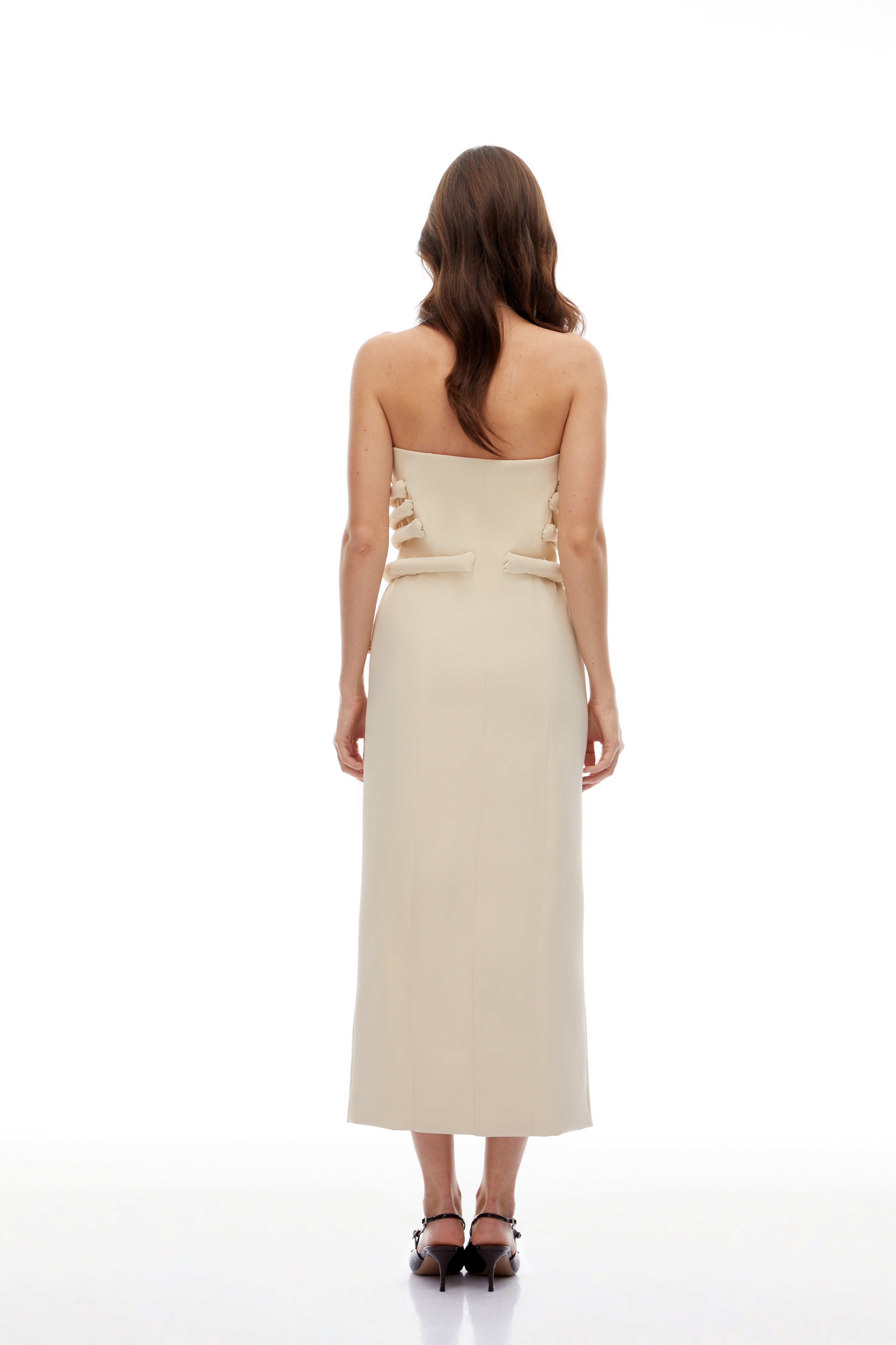 Thera Neutral Strapless Decorative Button Midi Dress (Final Sale)