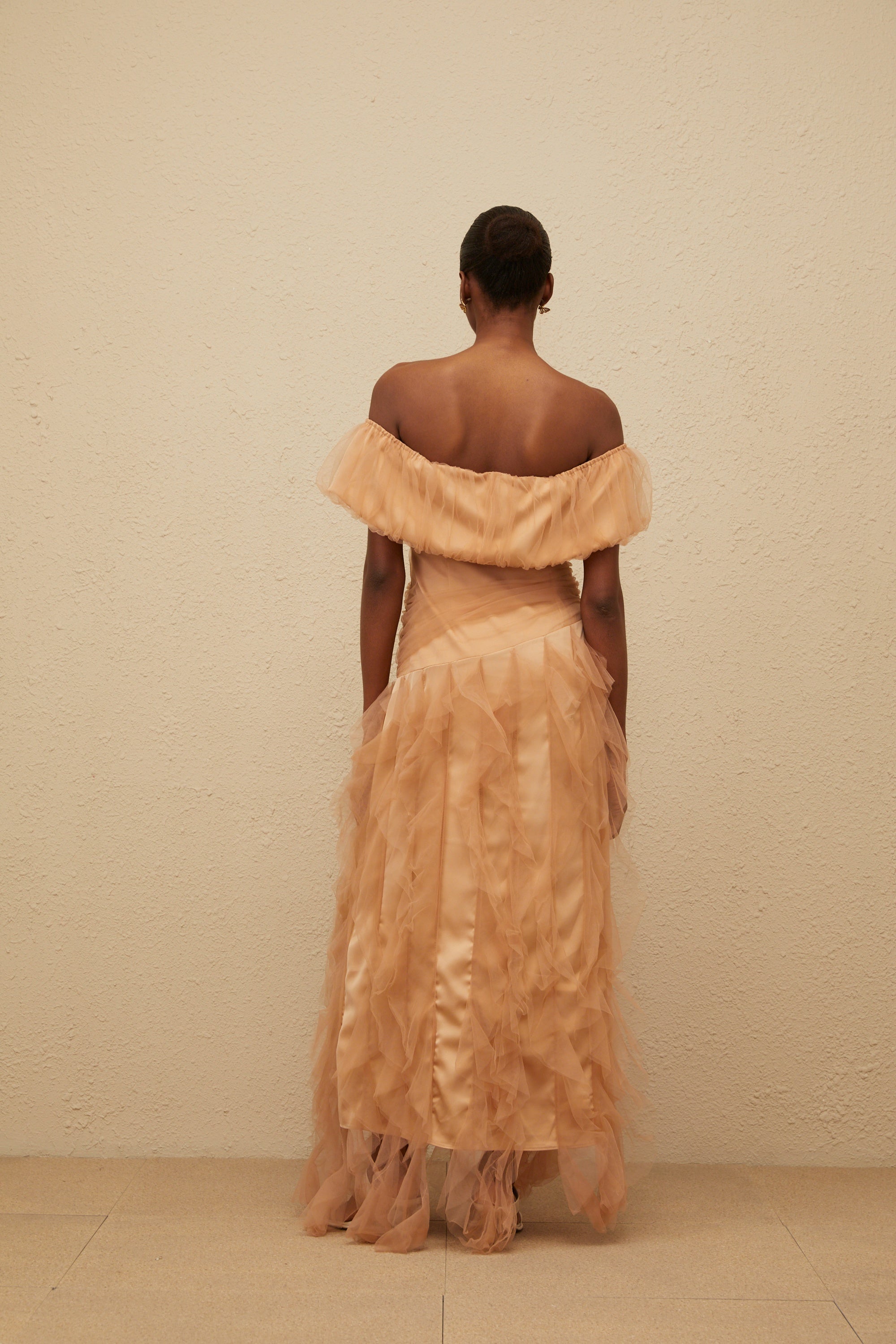Ivonne Khaki Off-Shoulder Ruffled Tulle Maxi Dress