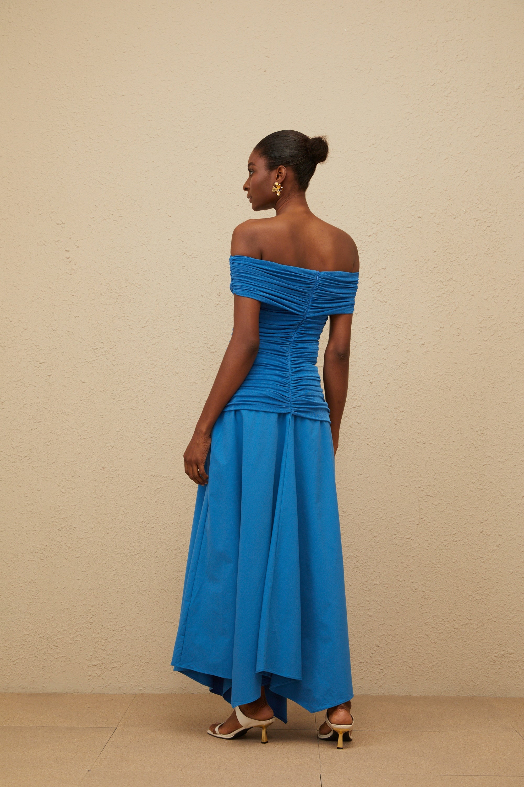 Amélie Blue Off-Shoulder Ruched Maxi Dress (Final Sale-US Only)