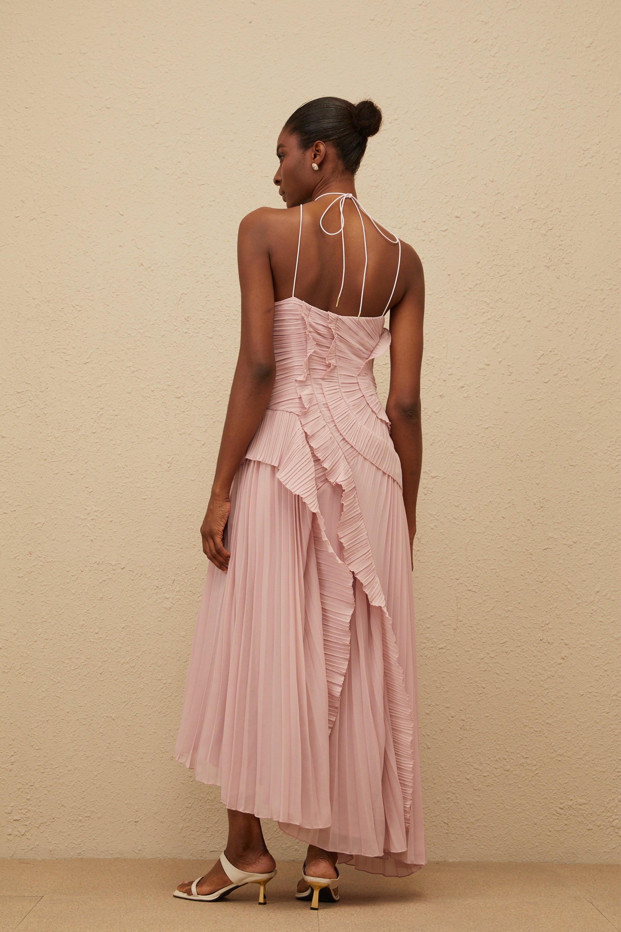 Doux Pink Ruffled Trim Pleated Midi Dress (Final Sale-US Only)