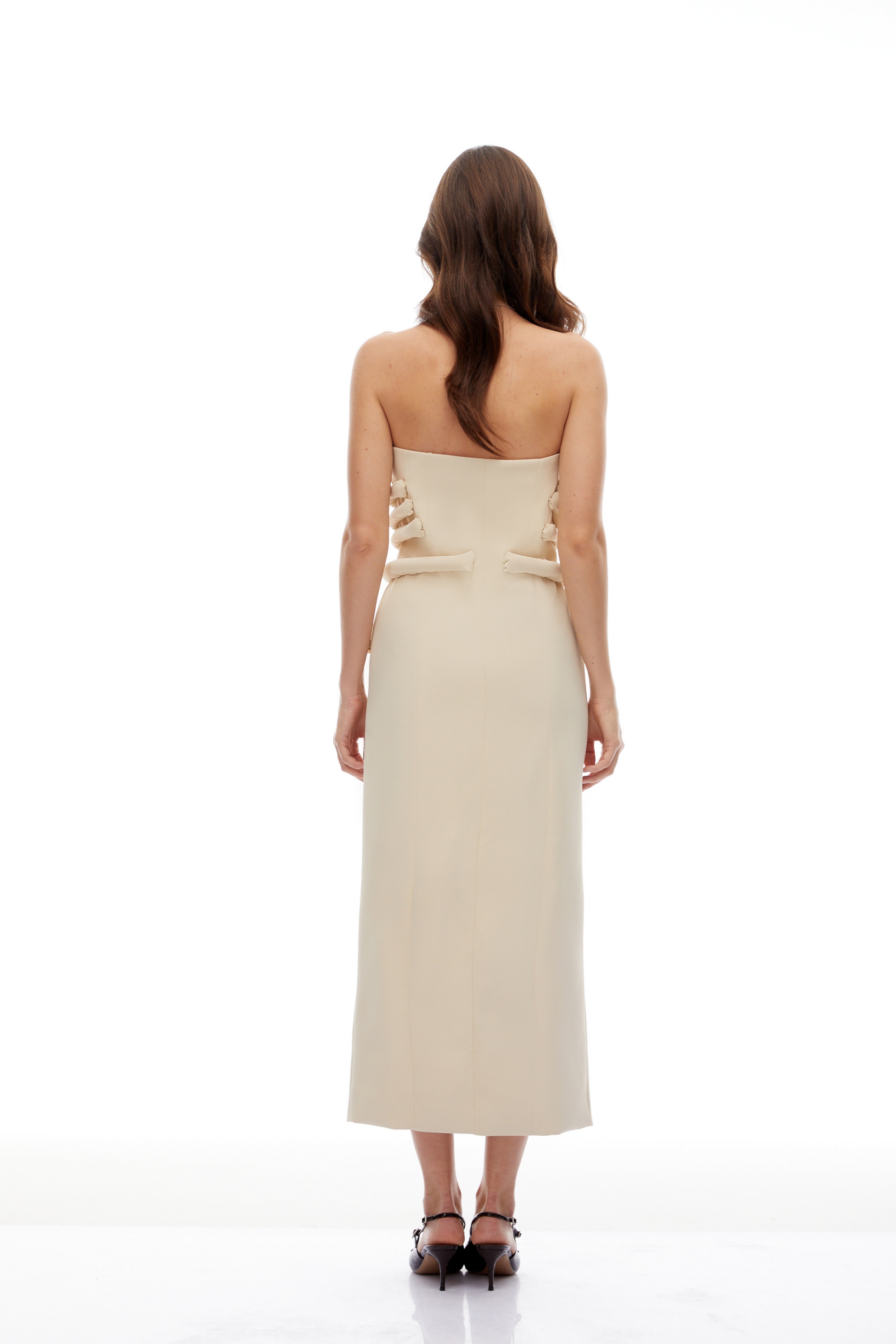 Thera Neutral Strapless Decorative Button Midi Dress