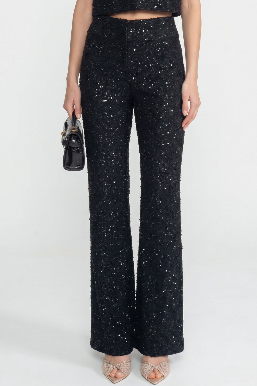 Ursuline Black Wide-Leg Tweed Trousers With Sequin Detail