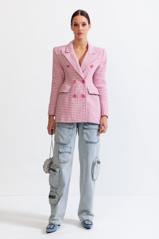 ARIA Houndstooth Jacket with Pointed Shoulders - Pink