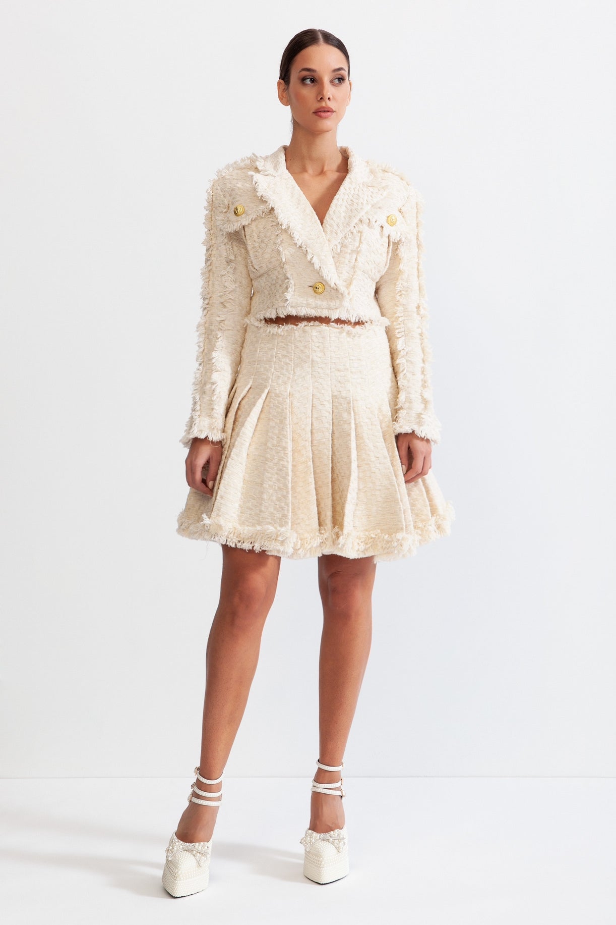 ANASTASIA Bright Tweed Co-ord with Gold Details - Beige