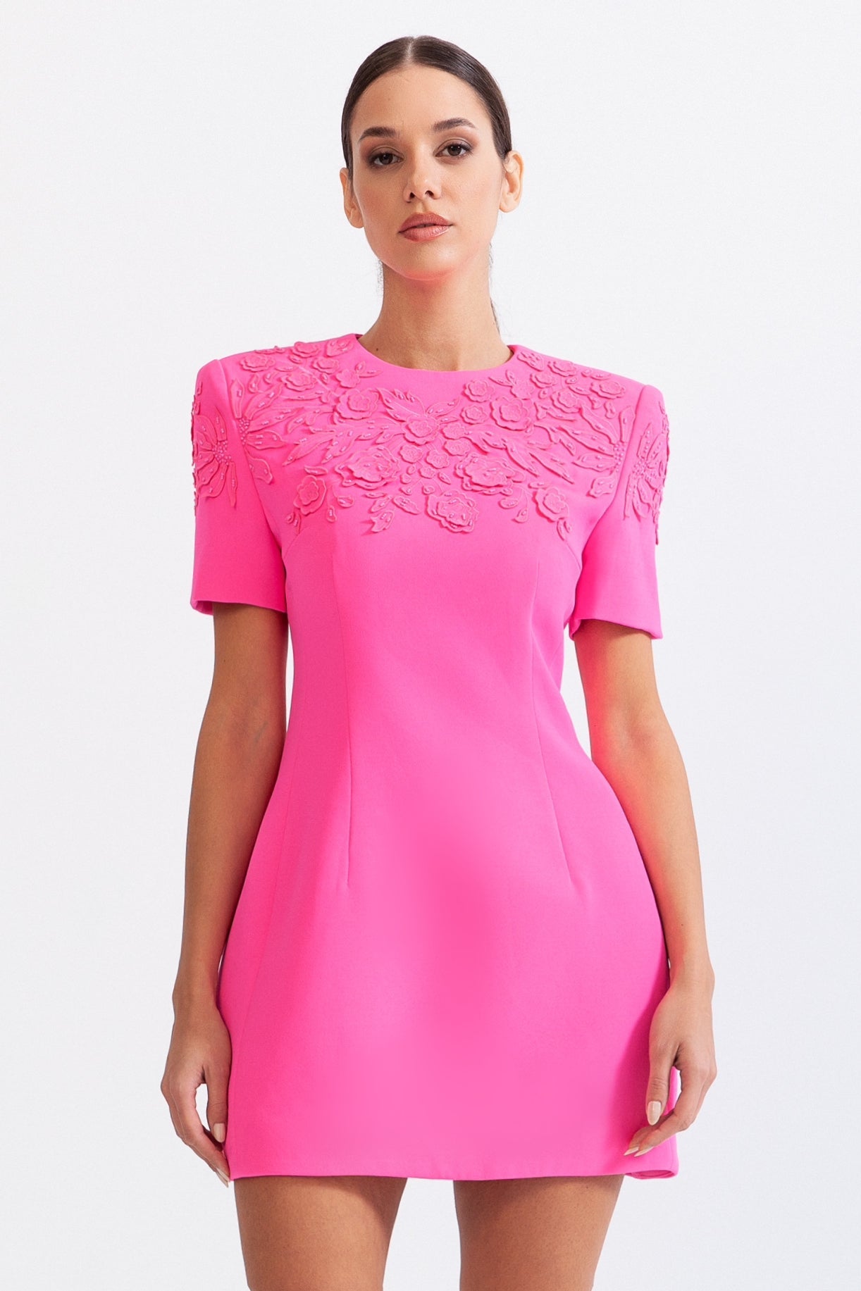 VENICE Short Sleeve Embroidered Mini Dress with 3D Flowers - Fuchsia Pink