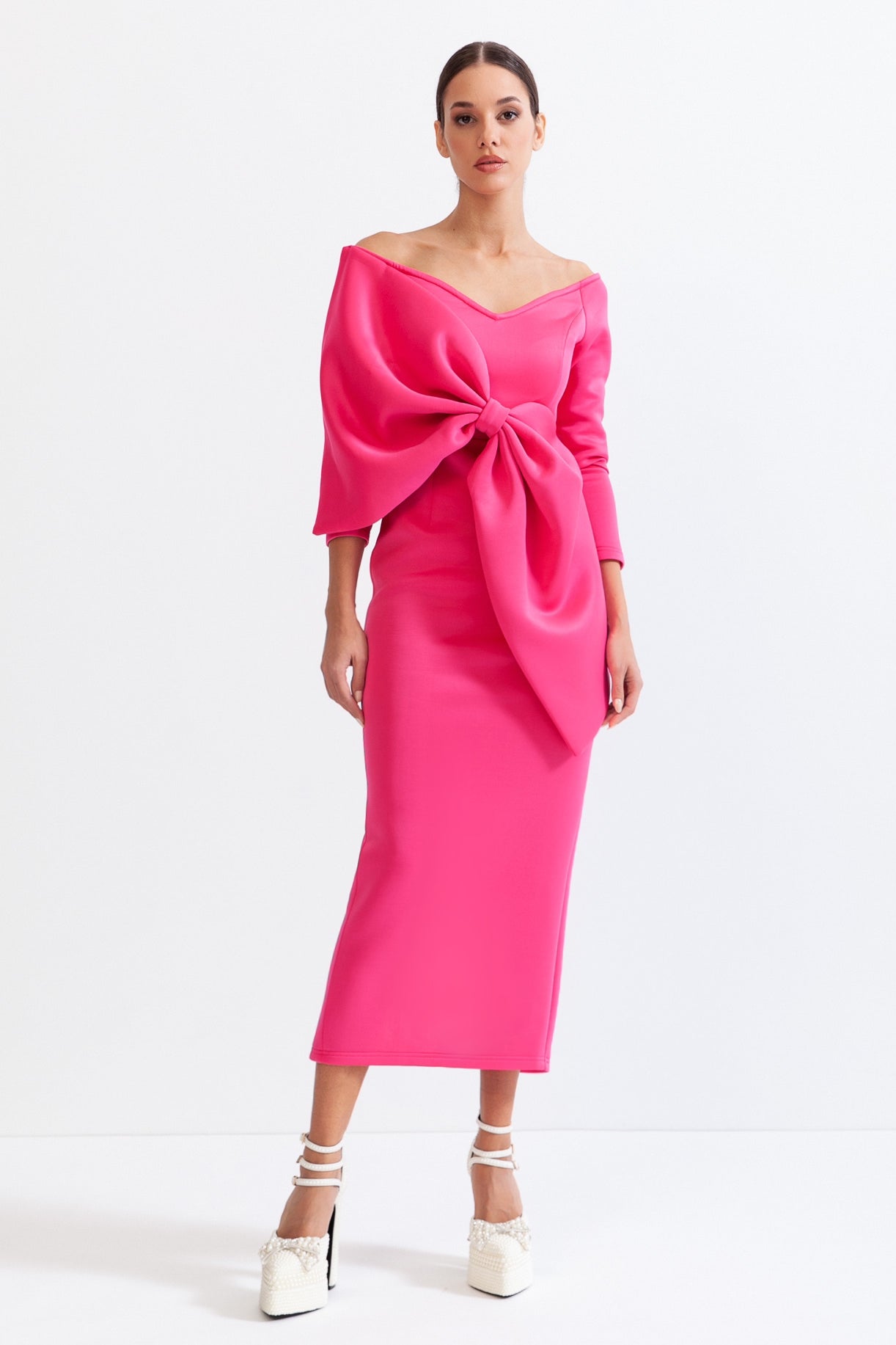 LEA Long Sleeve Cut Out Ribbon Midi Dress - Fuchsia Pink